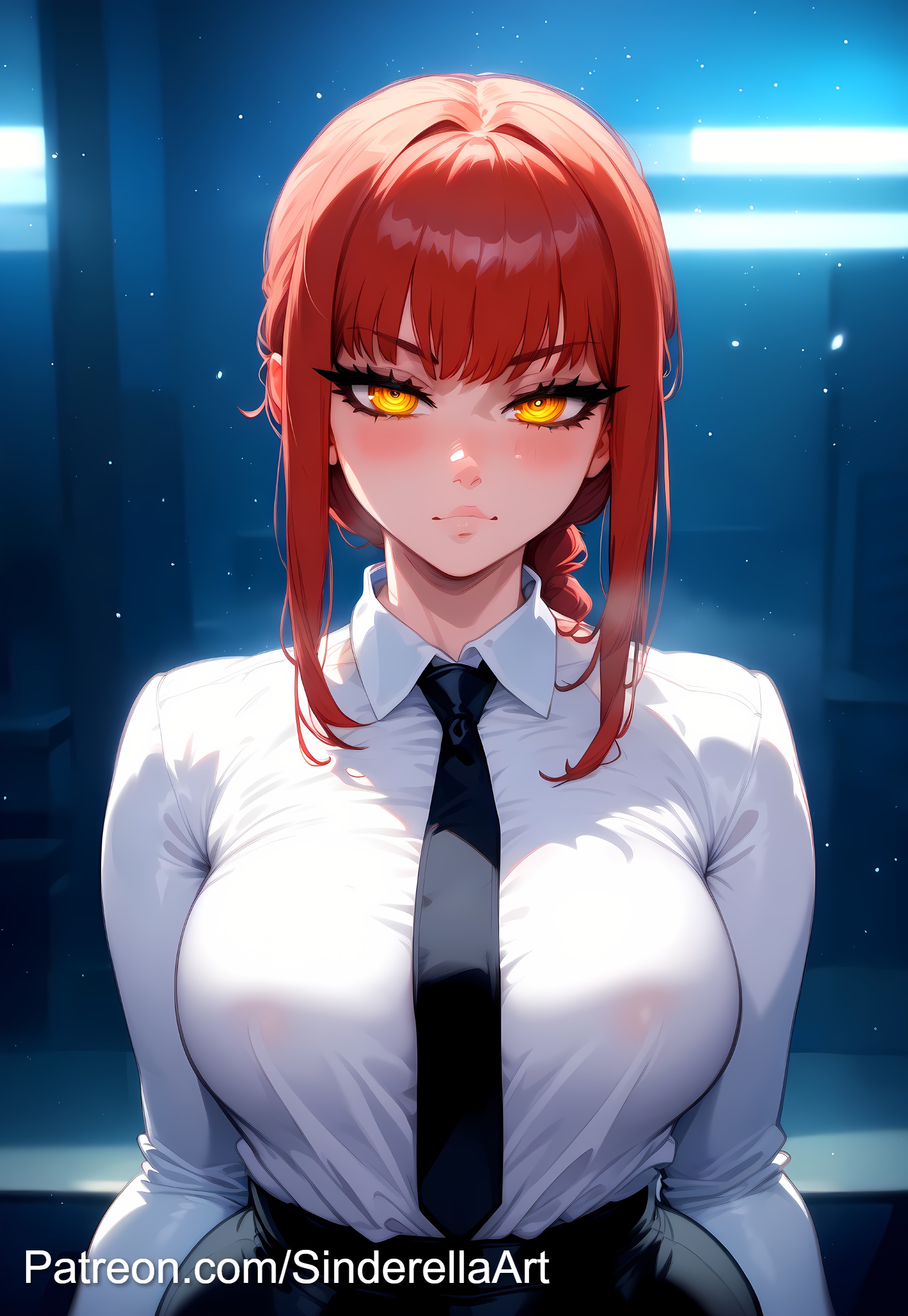 ai generated, breasts, busty, chainsaw man, commission, female, large breasts, makima (chainsaw man), nipple outline, office lady, patreon, patreon url, patreon username, sinderellaart, thick, thick legs, voluptuous