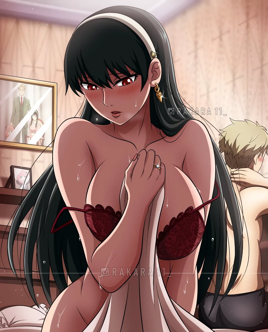 1boy, 1girls, black hair, black-haired female, blonde hair, blonde-haired male, female, female focus, loid forger, male, married couple, rakara11, rakkarts, solo focus, spy x family, yor briar, yor forger
