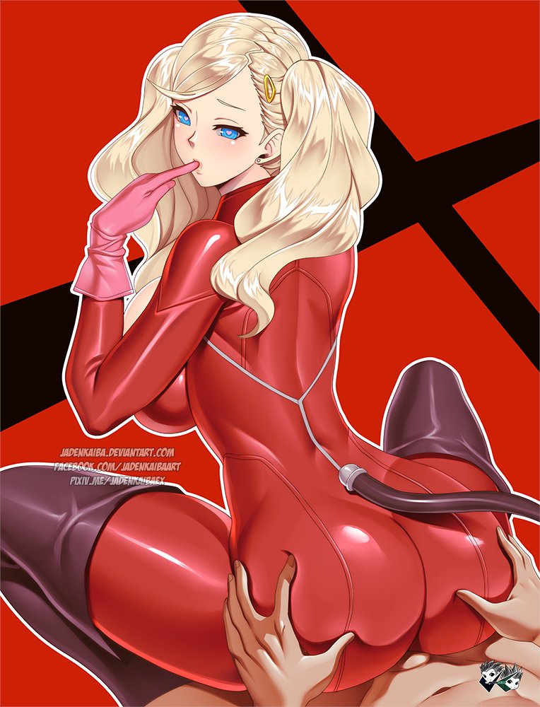1boy, 1girls, ann takamaki, ass, ass grab, blonde hair, blue eyes, butt grab, cat tail, catsuit, clothed female nude male, female, finger sucking, grabbing ass, grinding, heart-shaped pupils, jadenkaiba, looking back, male, persona, persona 5, phantom thief suit, sex, sucking fingers, teasing, twintails