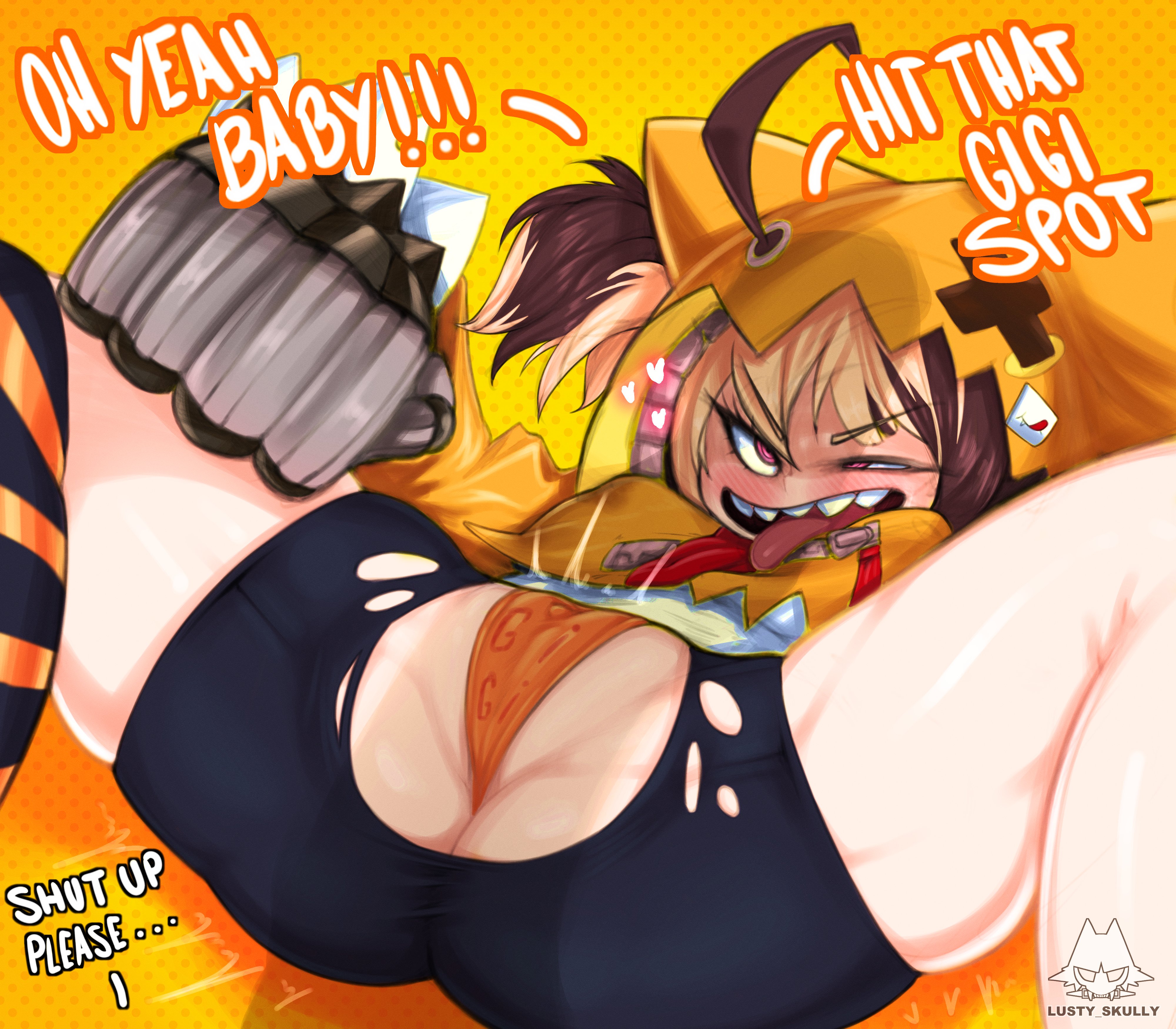 1girls, 2d, 2d (artwork), 2d artwork, cameltoe, clothed, clothing, dialogue, digital art, digital drawing (artwork), digital media, digital media (artwork), english text, female, female focus, female only, g-spot, gigi murin, gigi murin (1st costume), hololive, hololive english, hololive english -justice-, horny, horny female, legs apart, one thighhigh, panties, presenting, presenting pussy, pussy, ripped clothing, skullysrealm (lusty skully), solo, solo focus, spread legs, spreading, tagme, text, thick thighs, virtual youtuber, wide hips