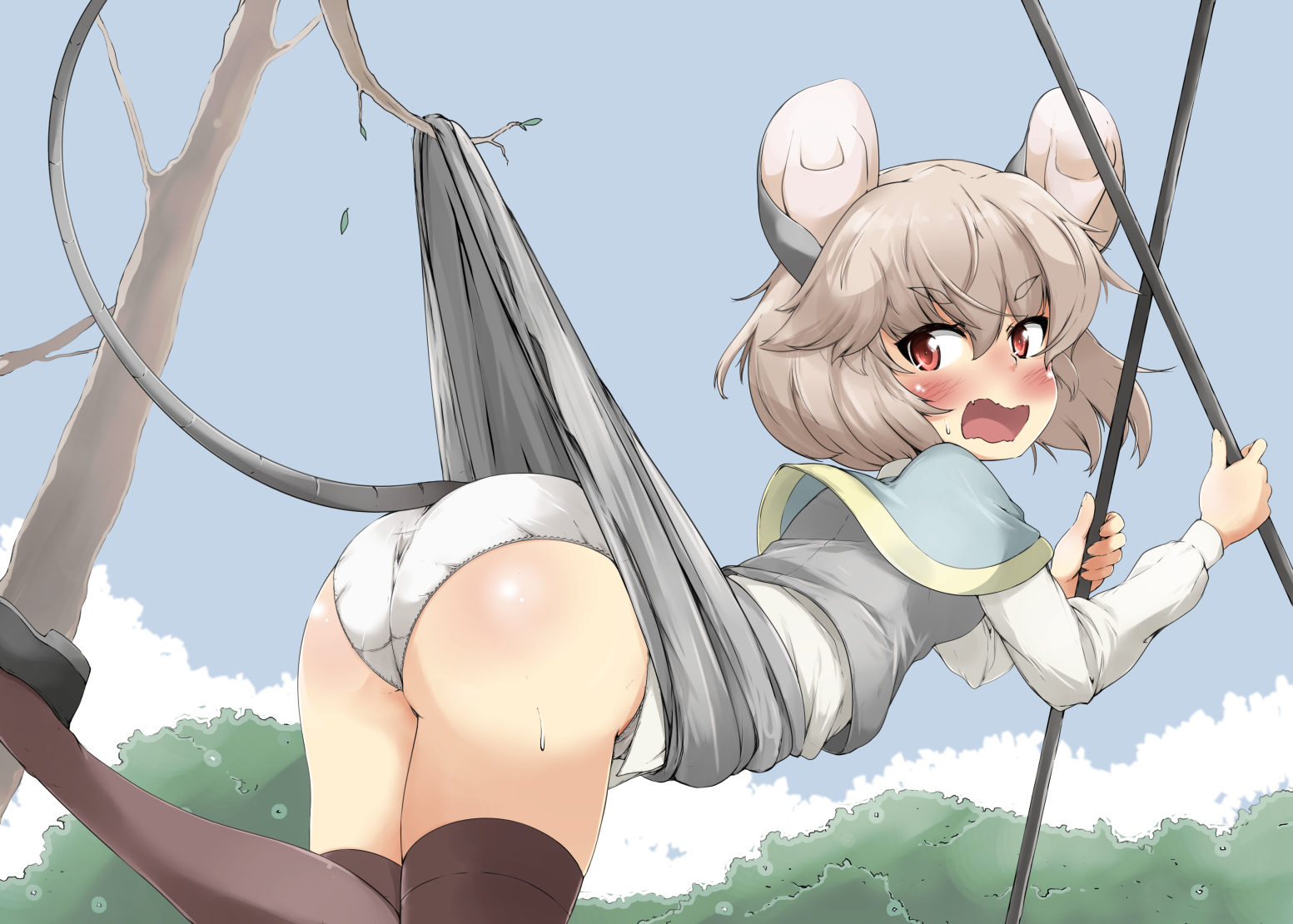 accidental exposure, animal ears, ass, blush, embarrassed, female, grey hair, looking at viewer, looking back, mepikari, mouse ears, mouse girl, mouse tail, nazrin, panties, pantyshot, red eyes, shoes, short hair, skirt, skirt caught on object, skirt pull, skirt up, suspension, sweat, sweatdrop, tagme, tail, thighhighs, thighs, touhou, tree branch, underwear, upskirt, white panties