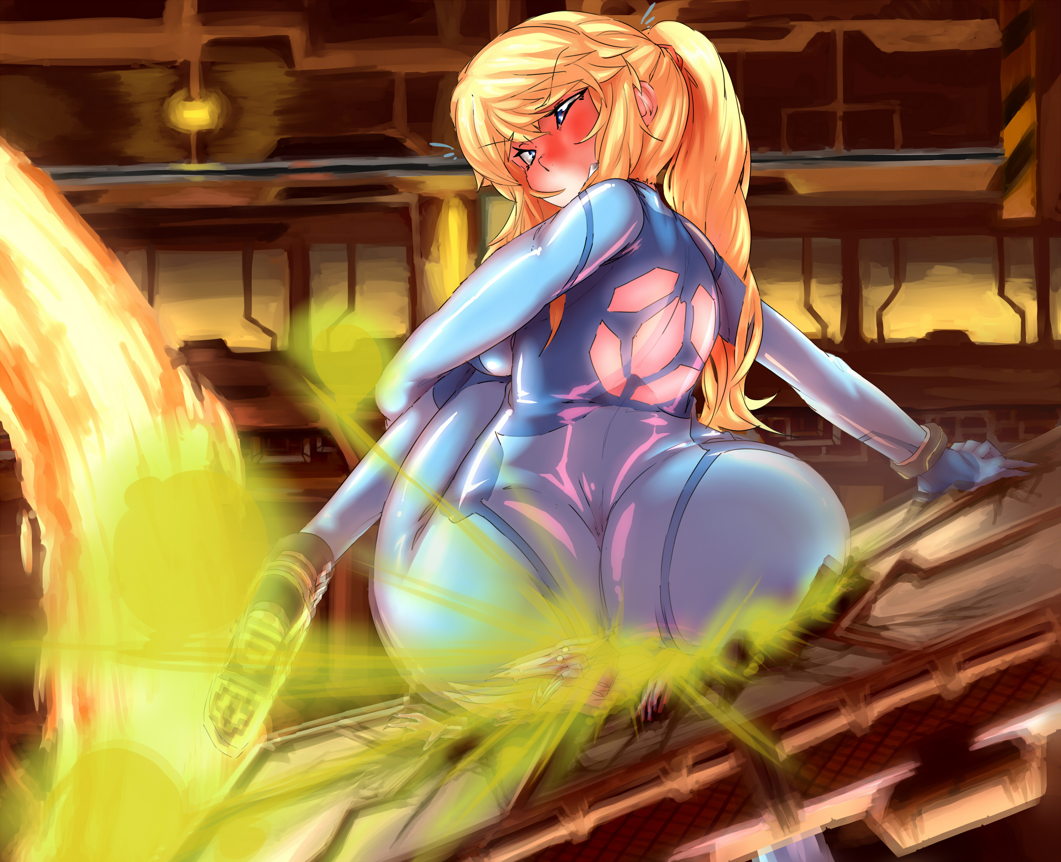1boy, 1girls, ass, big ass, big butt, blonde hair, blue bodysuit, blue eyes, blush, bodysuit, bubble butt, fart, fart cloud, fart fetish, farting, farting on another, female, lazei, looking back, male, metroid, nintendo, ponytail, rear view, ridley, ridley (metroid), samus aran, viewed from behind, zero suit samus