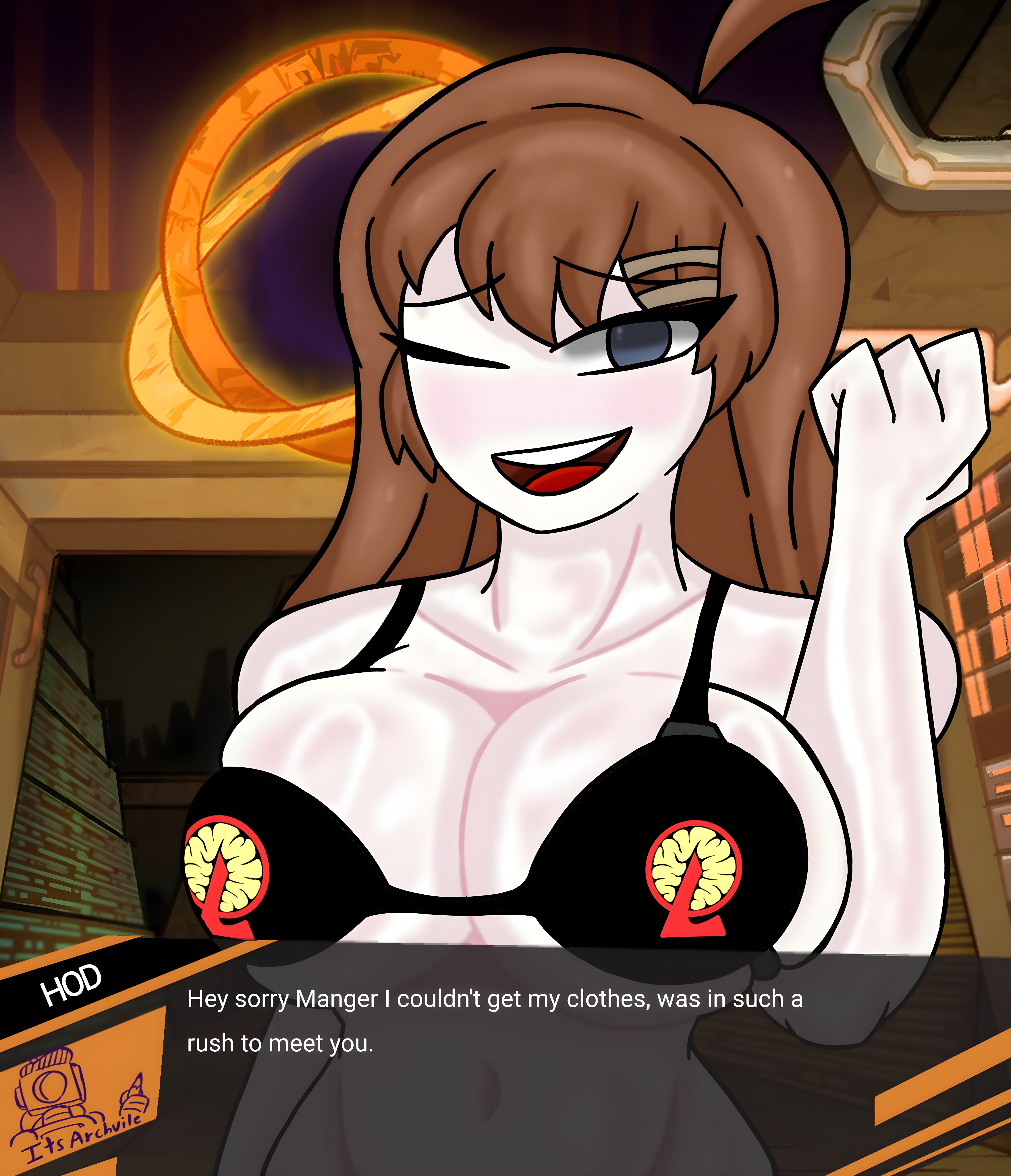 1girls, alternate version available, antenna hair, artist logo, artist name, artist signature, big breasts, black bra, blue eyes, bra, breasts, dialog, dialogue, dialogue box, female, female focus, female only, hod (lobotomy corporation), its archville, lobotomy corporation, long hair, no clothes, no clothing, open mouth, orange hair, peach skin, project moon, teeth showing, tongue