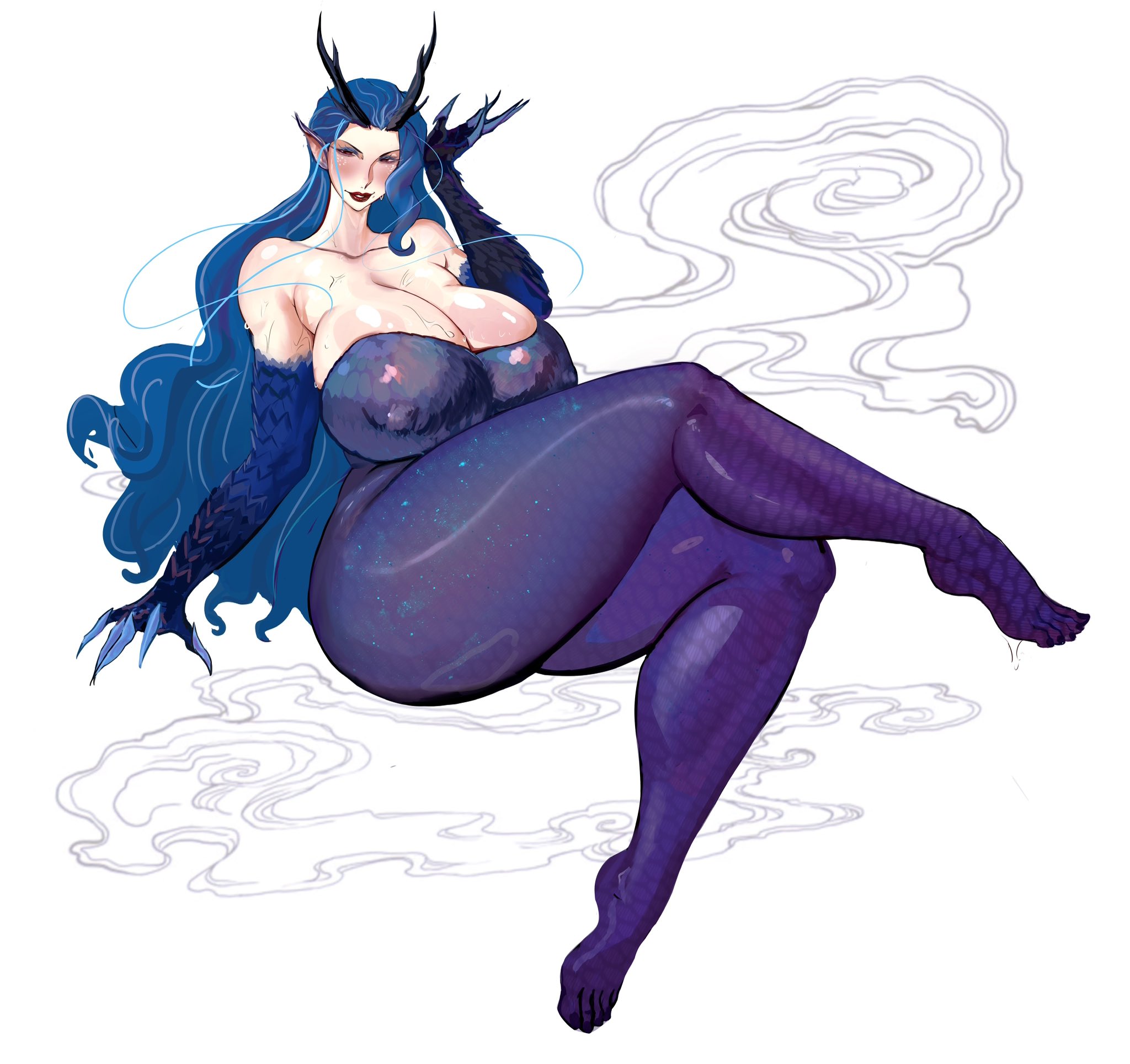 1girls, blue hair, blush, breasts, chubby, claws, female, fully clothed, horns, huge breasts, looking at viewer, lulu95402099, mature female, solo, thick thighs