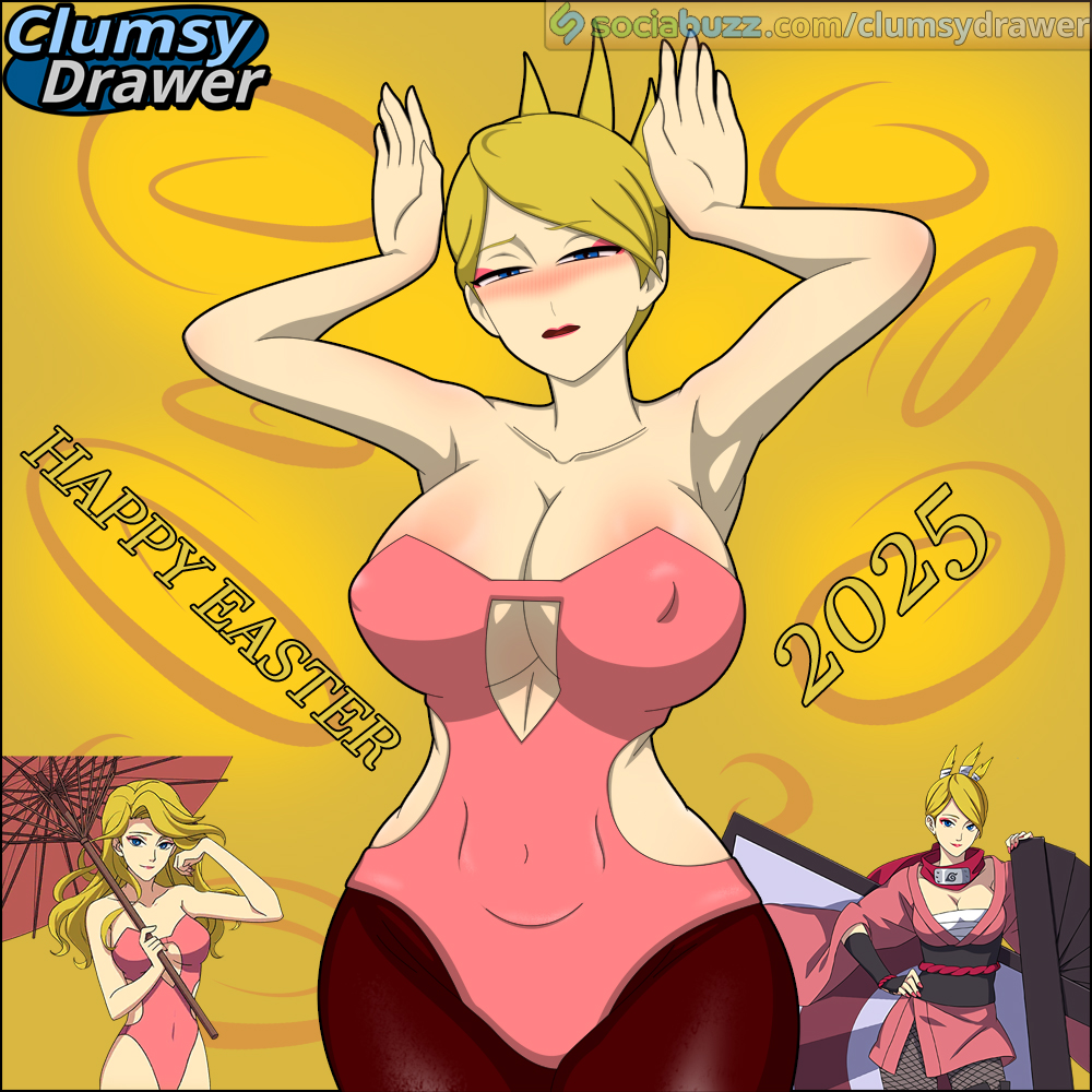 1girls 2025 artist_logo blue_eyes blush breasts breeze_dancer bunny_costume bunny_pose bunnygirl bunnysuit clumsydrawer easter eyeshadow female large_breasts lipstick makeup naruto naruto_online pink_bunnysuit pink_eyeshadow pink_lipstick self_upload simple_background skin_tight skintight skintight_clothing solo solo_female solo_focus thighhighs thighs updo url video_game_character yellow_background yellow_hair