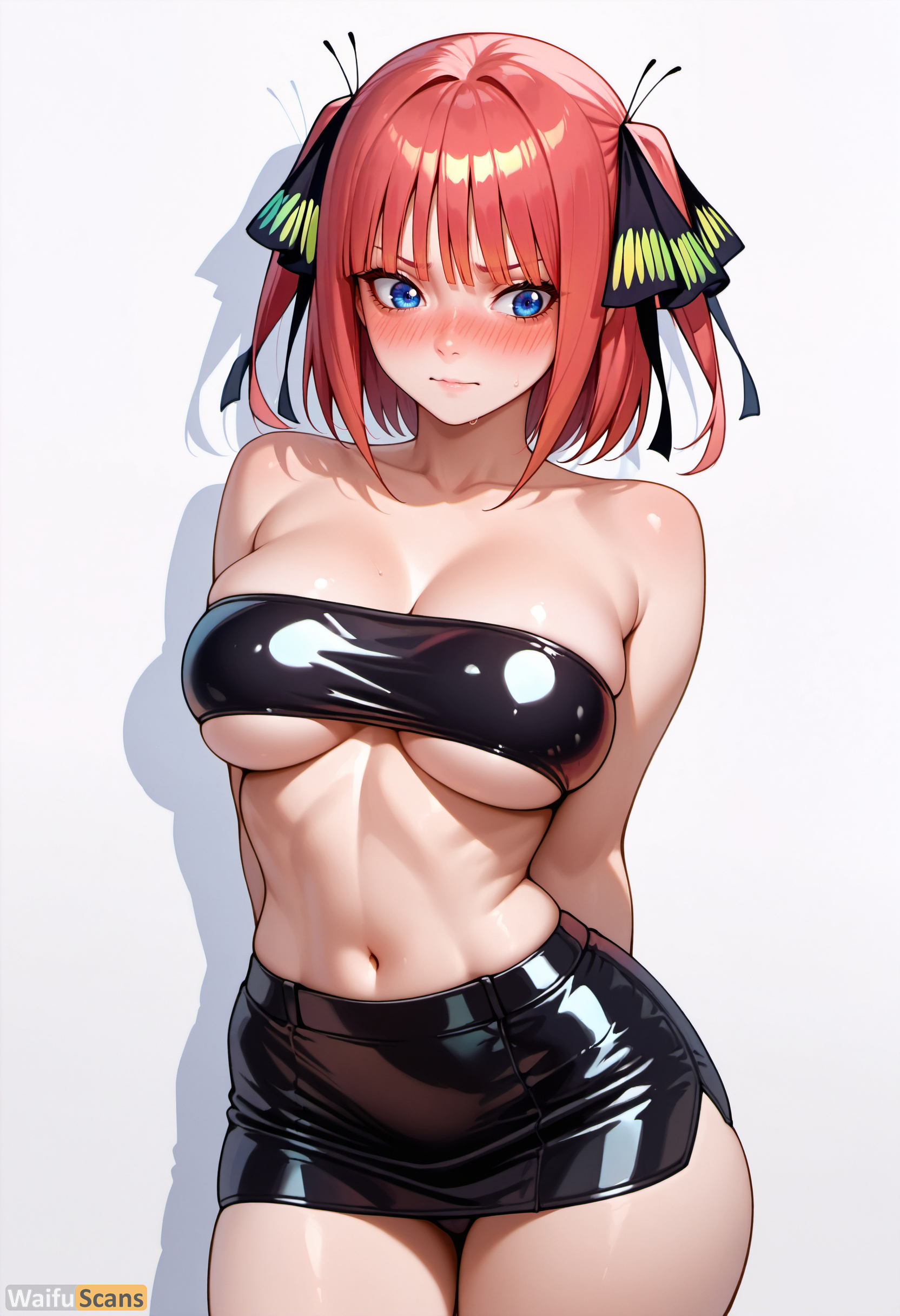 ai generated, arms behind back, bandeau, bangs, bare shoulders, black ribbon, black skirt, blue eyes, blunt bangs, blush, breasts, butterfly hair ornament, cleavage, closed mouth, collarbone, cowboy shot, embarrassed, female, go-toubun no hanayome, hair ornament, hair ribbon, high resolution, highres, large breasts, midriff, miniskirt, nakano nino, navel, panties, panty peek, pencil skirt, pink hair, red hair, ribbon, shadow, shiny, shiny clothes, shiny skin, short hair, simple background, skindentation, skirt, solo, stable diffusion, standing, stomach, strapless, sweat, thick thighs, thighs, tube top, two side up, underboob, underwear, waifuscans418, white background