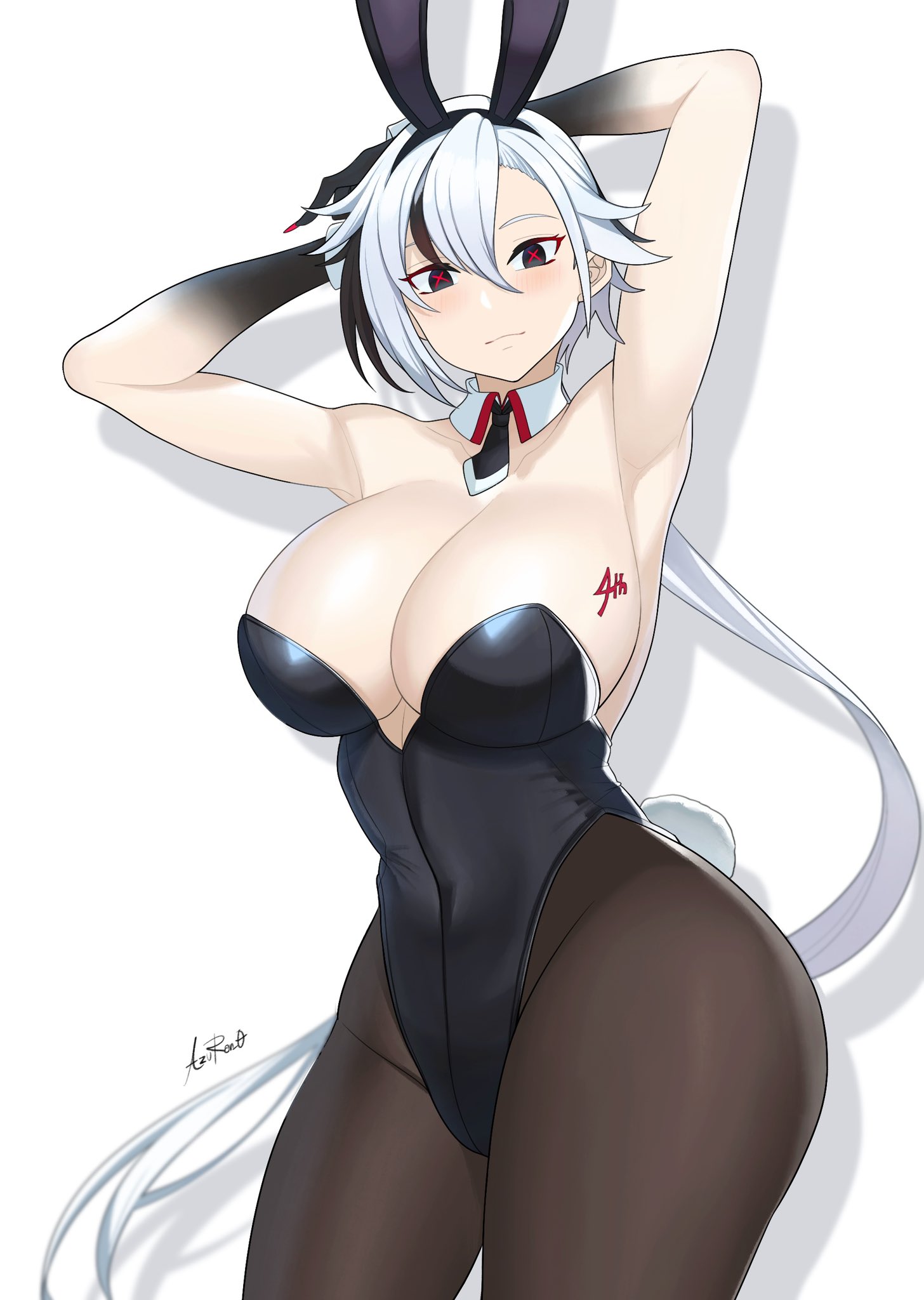 aori sora, arlecchino (genshin impact), armpits, arms up, azuran0, big breasts, big thighs, breasts, bunny ears, bunny girl, bunnysuit, female, female only, genshin impact, white background, white hair