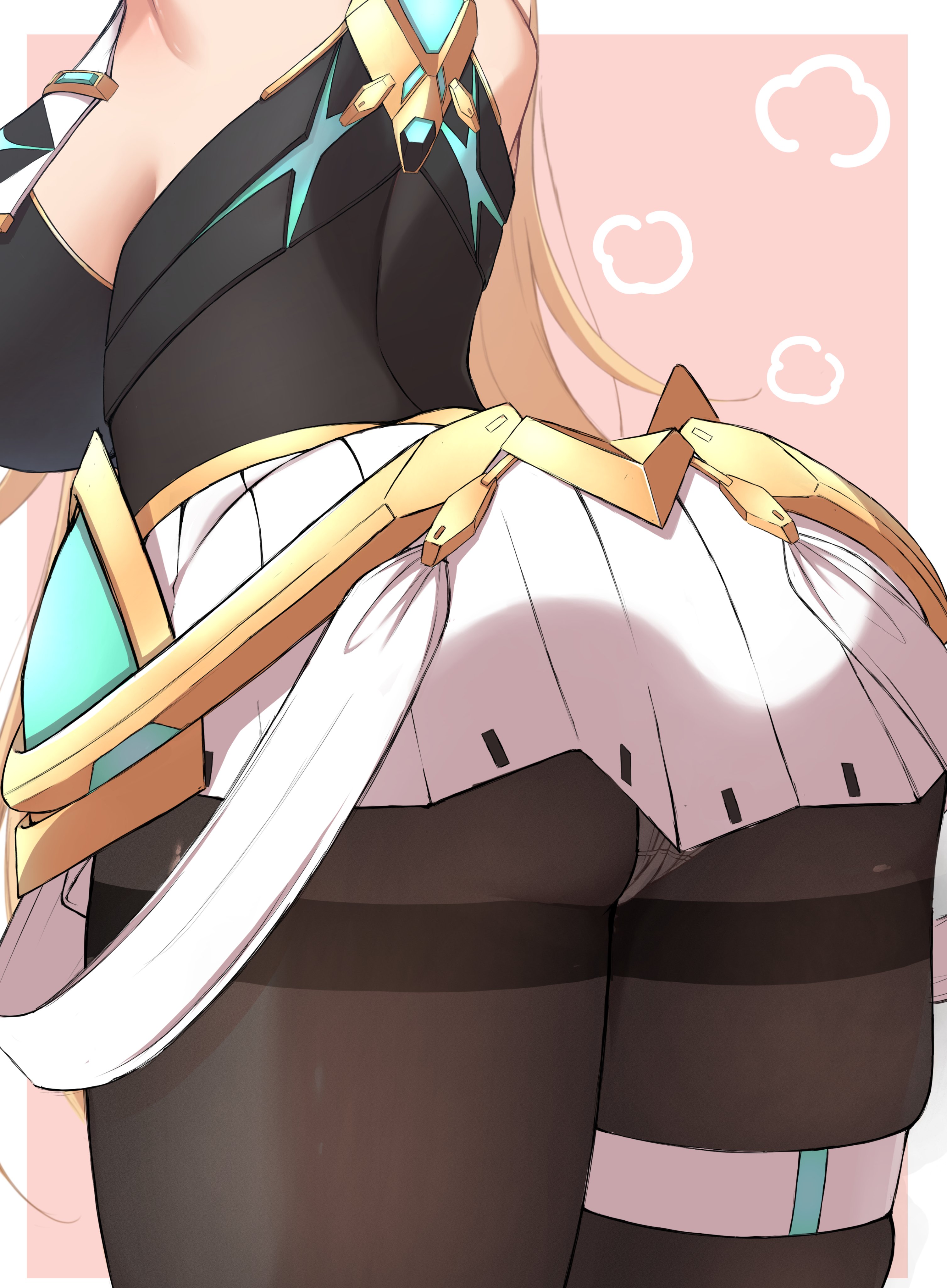 absurdres, arched back, arms up, ass, ass focus, bare shoulders, black pantyhose, blonde hair, breasts, dress, female, female only, highres, large breasts, long hair, lower body, microdress, mika n95, mikan (mika n95), mythra, mythra (massive melee) (xenoblade), mythra (xenoblade), neon trim, pantyhose, pleated dress, solo, suspenders, thigh strap, very long hair, white dress, xenoblade (series), xenoblade chronicles 2