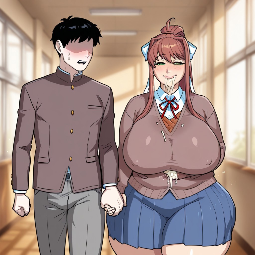 1boy, 1girls, after oral, after sex, ai assisted, ai generated, ass, big ass, big breasts, breasts, civitai, cum, cum in mouth, doki doki literature club, female, huge ass, kalagod, male, mc (doki doki literature club!), monika (doki doki literature club), school uniform, tagme, thick thighs, wide hips