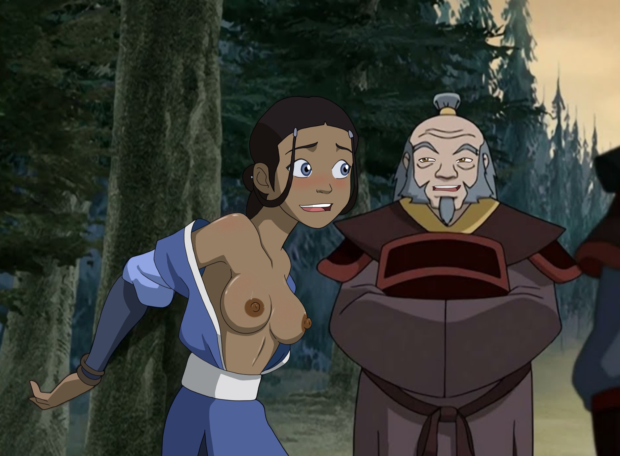 1boy, 1girls, accurate art style, artist request, avatar the last airbender, black hair, blue eyes, blush, bondage, bound, bound to tree, bound wrists, breasts, breasts out, dark skin, dark-skinned female, edit, female, forest, hair ornament, iroh, katara, male, nipples, no bra, open clothes, open mouth, outdoors, standing, teeth, tied to tree, topless, tree, upper teeth, upper teeth only, wrists tied together