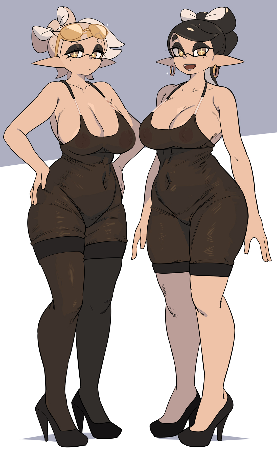 2girls, areolae, beauty mark, belly button, big breasts, black hair, black panties, breasts, callie (splatoon), cousins, ear piercing, earrings, erect nipples, facial markings, female, female focus, female only, gloves, hair ornament, high heels, highleg panties, hips, huge breasts, inkling, large areolae, large breasts, long ears, long hair, looking at viewer, marie (splatoon), mole under eye, multiple females, multiple girls, nintendo, nipples, panties, pantyhose, pointy ears, sagging breasts, see-through, see-through clothing, shiny skin, short eyebrows, slightly chubby, splatoon, splatoon (series), squid sisters, standing, symbol-shaped pupils, tentacle hair, thick thighs, thighs, tied hair, white hair, wide hips, yellow eyes, yuta agc