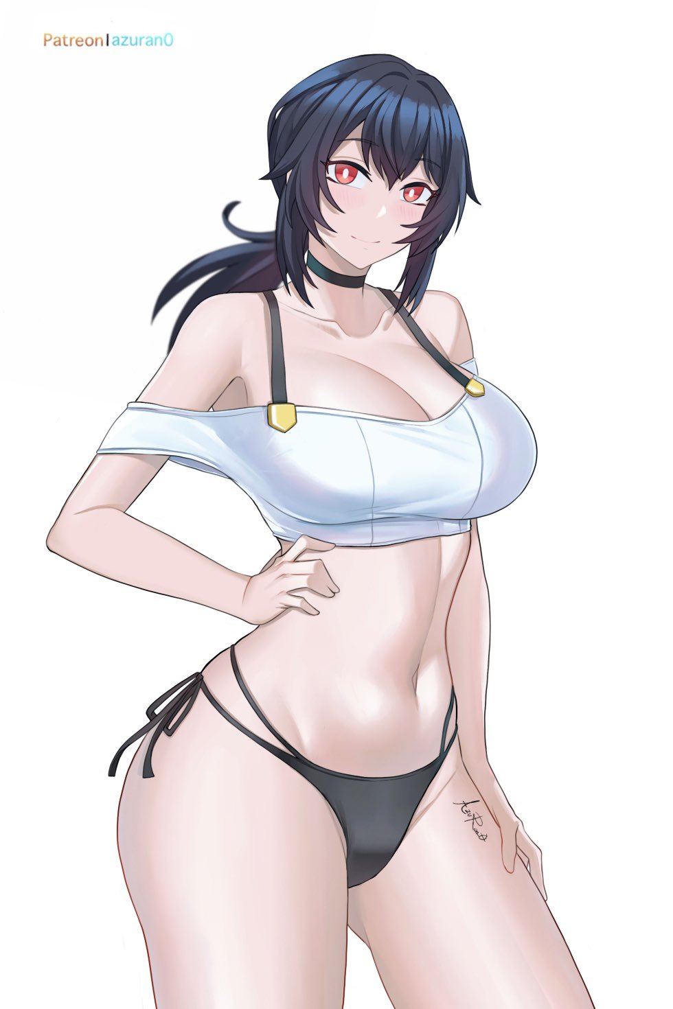 azuran0, belobog heavy industries, black bikini bottom, black hair, female, female only, grace howard, hand on hip, shoulders, thighs, white background, white crop top, zenless zone zero