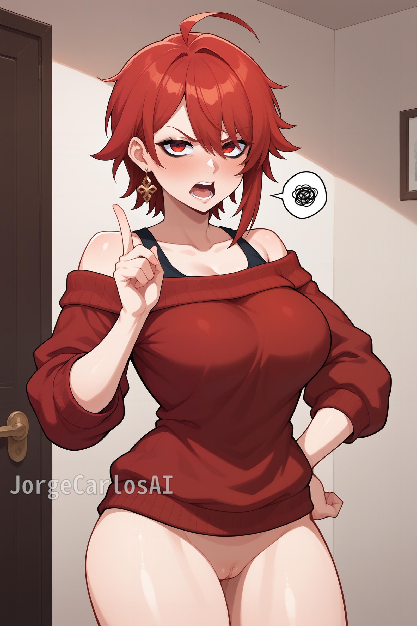 ai generated, angry, angry expression, angry eyes, angry face, big breasts, bratty, breasts, explicit, female, female focus, female only, hips, hypnosis, hypnosis fetish, jorgecarlosai, makeup, no panties, no pants, no underwear, pantiless, pantless, pantyless, pussy, red eyes, red hair, redhead female, shaved crotch, shaved pussy, short hair, sister, step sister, sweater, thighs, vagina, watermark