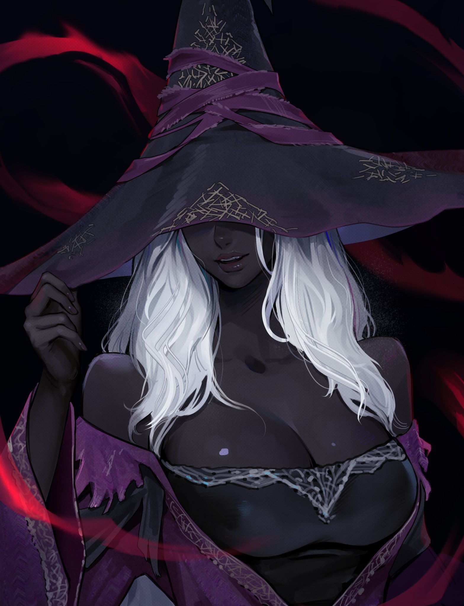 2d, black body, black skin, black skinned female, dark skin, dark-skinned female, elden ring, elden ring nightreign, female, fromsoftware, lavelis, recluse (nightreign), white hair, witch, witch hat