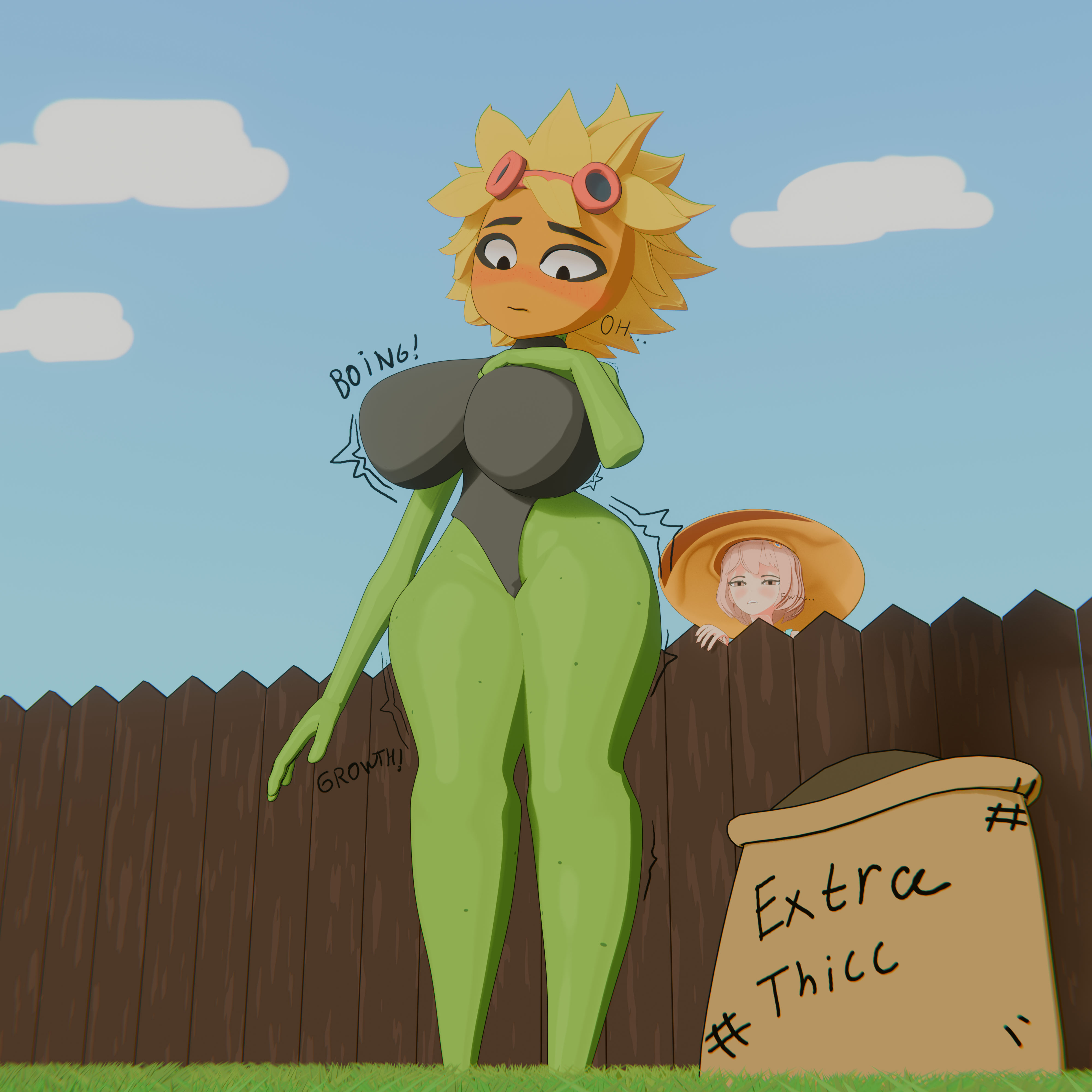 ass, big ass, big breasts, big thighs, breasts, disgusted, female, flora fauna, grass, growth, huge ass, huge breasts, huge thighs, nastya (shadow2405), original, original character, plants vs zombies, plants vs zombies: heroes, plants vs. zombies, shadow2405, solar flare (pvz), sunflower (pvz), tights