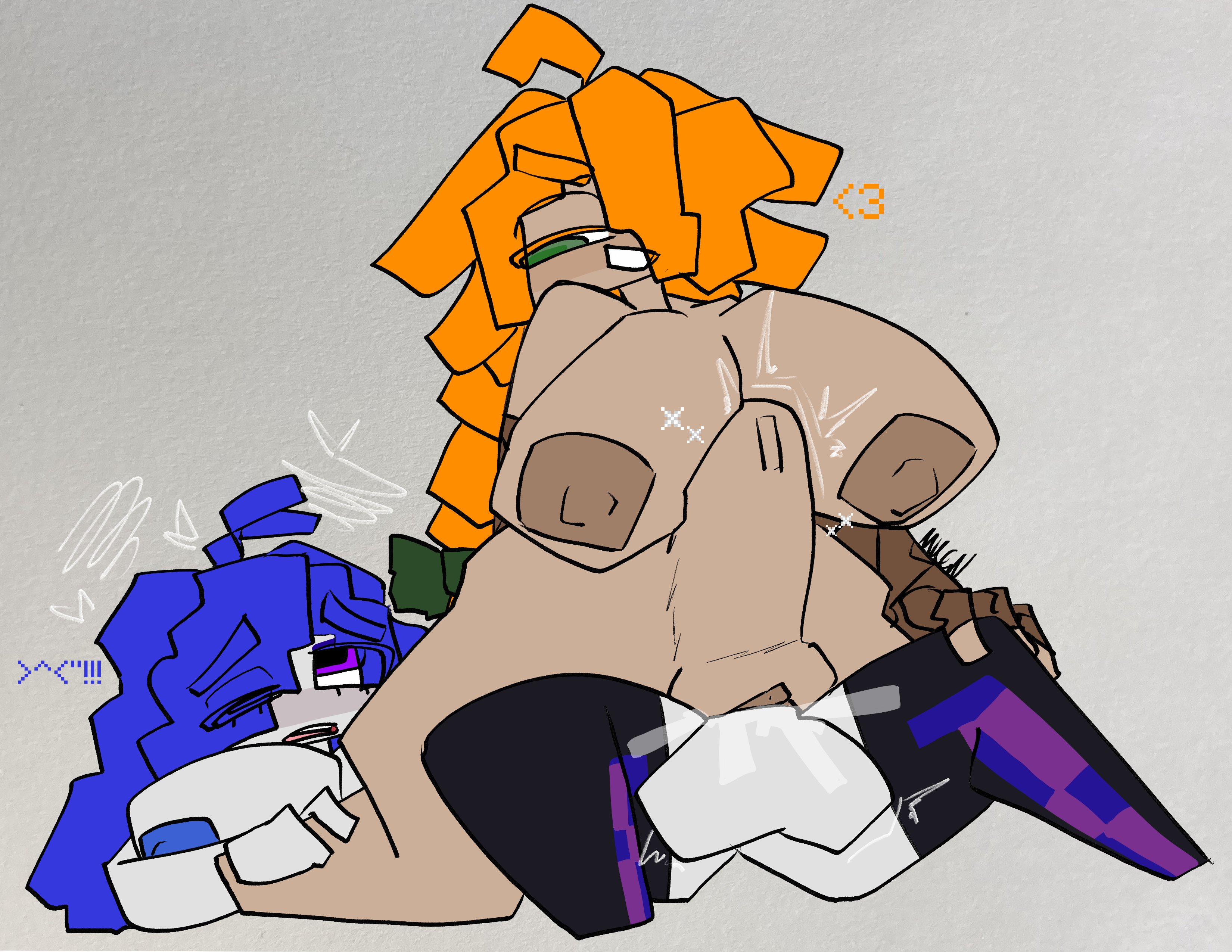 1boy, 1girls, alex (minecraft), balls, belly bulge, braid, canon x oc, cdk, cube head, female, male, male oc, mechacarnis, minecraft, oc, penis, penis bulge, pussy, reverse cowgirl position, sex, stomach bulge, vagina, vaginal penetration, vaginal sex