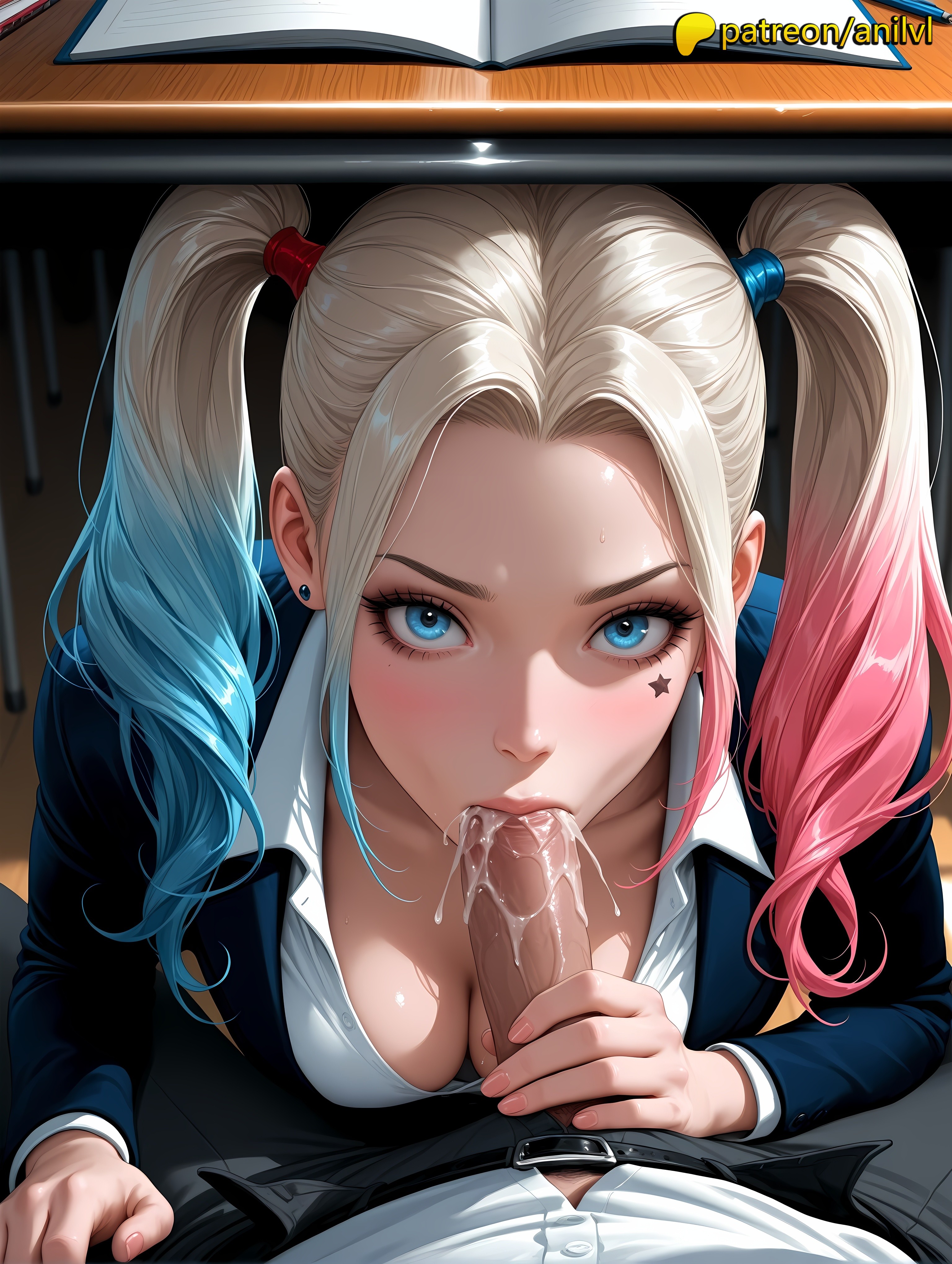 2025, ai generated, anilvl, anime, batman (series), big penis, blowjob, breasts, bust, chest, cock, cum, cum in mouth, dc, dc comics, dick, erection, fellatio, female, harleen quinzel, harley quinn, harley quinn (series), highres, looking at viewer, male, naked, nude, oral, oral sex, patreon, penis, pov, saliva