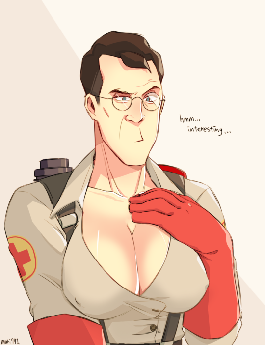 big_breasts breasts cleavage curious erect_nipples_under_clothes large_breasts male male_with_breasts medic_(team_fortress_2) mori771 old_male saggy_breasts solo team_fortress_2
