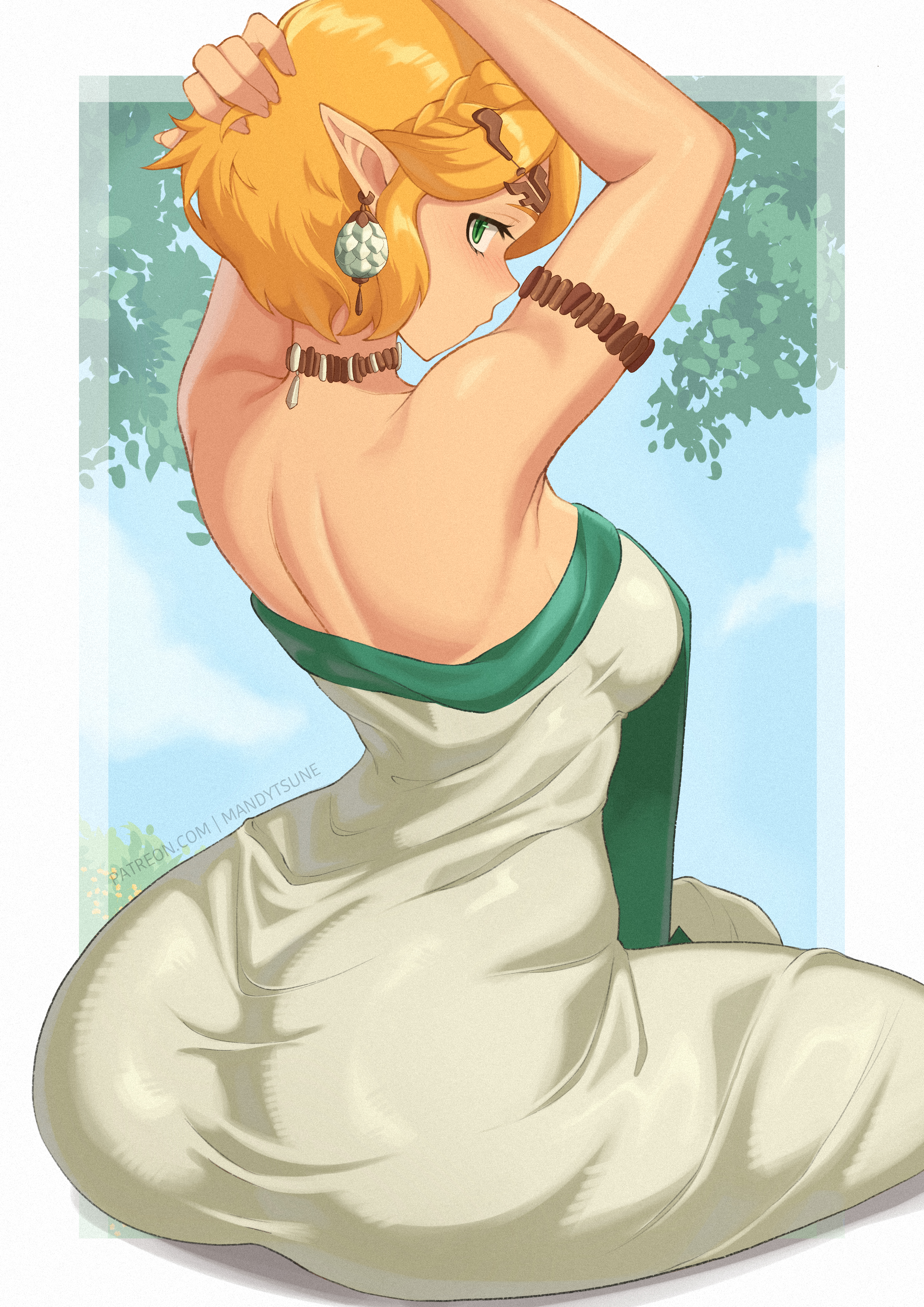 absurdres, artist name, ass, ass focus, back, blonde hair, braid, breasts, commentary, crown braid, dress, english commentary, female, from behind, green eyes, hair ornament, highres, huge ass, light skin, light-skinned female, looking at viewer, looking back, mandytsune, medium breasts, nintendo, parted bangs, patreon username, pointy ears, princess zelda, short hair, shoulder blades, skin tight, solo, tears of the kingdom, the legend of zelda, the legend of zelda: tears of the kingdom, thighs, white dress, zelda (tears of the kingdom)
