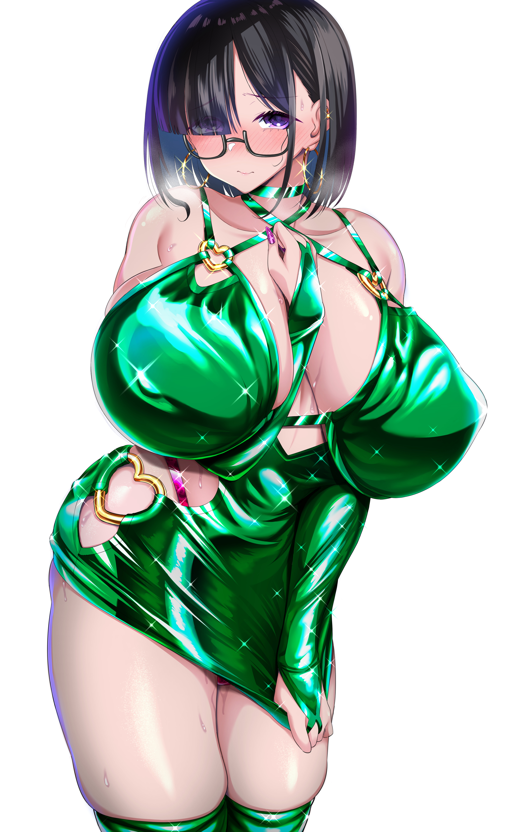 1girls, artist request, blush, bodycon, breasts, bridal gauntlets, character request, copyright request, detached sleeves, dress, female, glasses, hooker, huge breasts, light skin, light-skinned female, prostitution, shiny clothes, skin tight, skin tight dress, skin tight outfit, skindentation, solo, tanizakura shidare, thighhighs, tight clothes, tight clothing, tight dress, tight fit