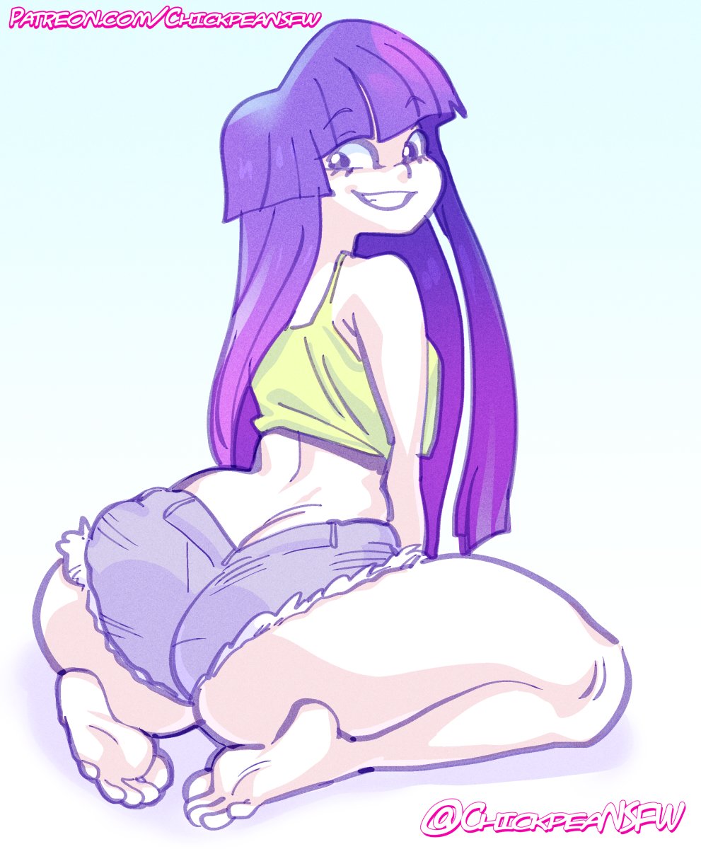 1girls, 2d, already uploaded, asian, asian female, ass, barefoot, behind view, big ass, booty shorts, chickpea, color, crop top, eyelashes, feet, female, female only, glitch techs, jean shorts, large ass, long hair, looking back, male, miko kubota, on knees, purple hair, rear view, shorts, solo, solo female, thick thighs, top