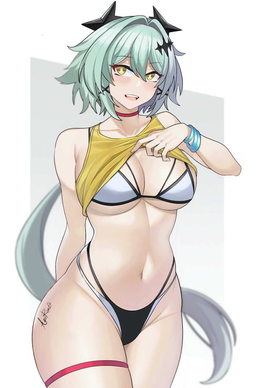 aori sora, azuran0, breasts, caesar king, caesar king (zenless zone zero), female, female only, light green hair, shoulders, sports bra, sportswear, thighs, tomboy, white background, zenless zone zero