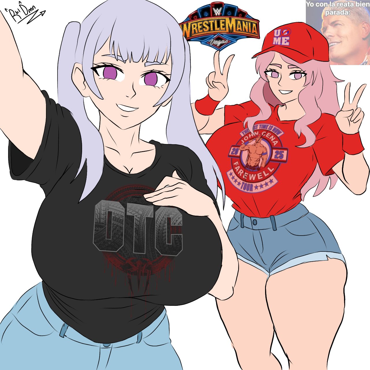 2girls, alternate breast size, anime, ass, big ass, big boobs, big breasts, big butt, big thighs, big tits, black clover, breasts, cosplay, female, female only, huge, huge breasts, jean shorts, jeans, john cena, jorts, multiple females, multiple girls, noelle silva, roman reigns, selfie, therebeldemon, thick, thighs, vanessa enoteca, wwe