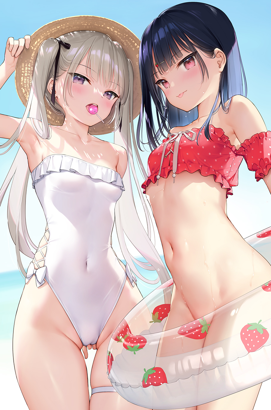 2girls barely_clothed barely_visible_genitalia barely_visible_pussy belly belly_button black_hair blonde blonde_hair bottomless clothed clothing hat ichigo-chan_(mignon) jk_x_onaka_#03 kouhai-chan_(mignon) lollipop long_hair looking_at_viewer mignon multiple_girls one-piece_swimsuit original purple_eyes purple_hair red_eyes short_hair small_breasts swimsuit swimwear wet