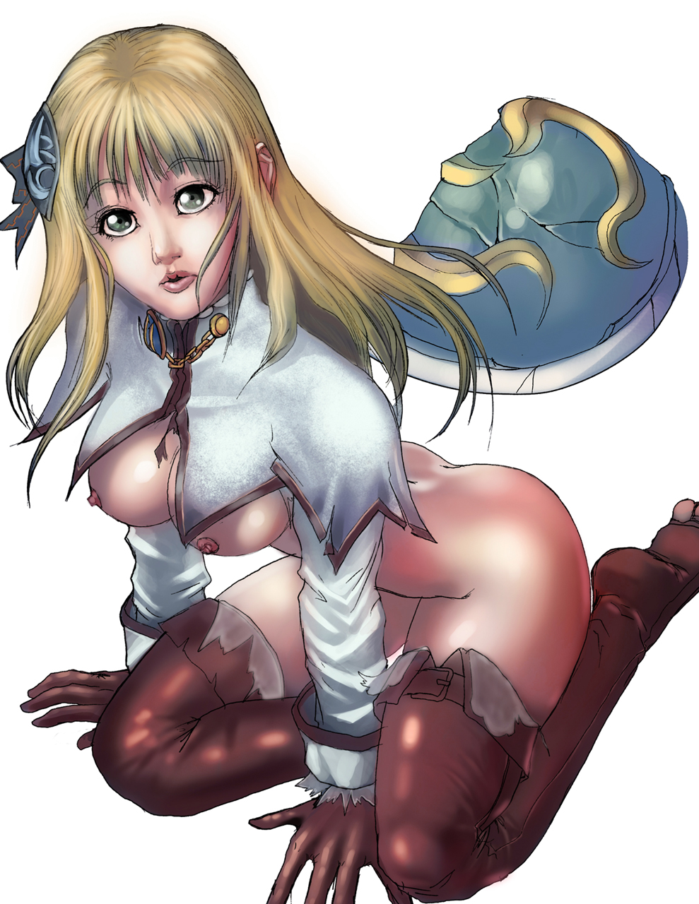 blonde_hair boots bottomless breasts female female_only green_eyes hair_ornament highres human human_only kneeling lips long_hair nipples pyrrha_alexandra raliugaxxx shield solo soul_calibur soul_calibur_v thigh_boots thighhighs uncensored