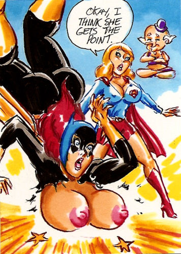 2girls barbara_gordon batgirl batman_(series) breast_expansion dc female female_focus females joe_gravel mr_mxyzptlk multiple_girls mxyzptlk supergirl superheroine wardrobe_malfunction