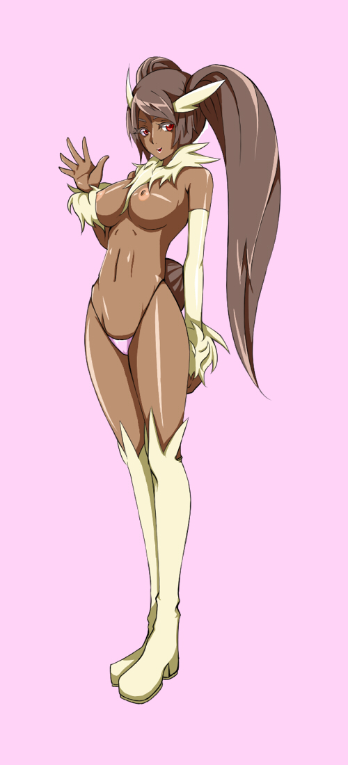 animal_ears animal_tail bb breasts dark-skinned_female dark_skin emukon female female_only fur large_breasts lopunny moemon panties personification pink_background pink_thong pokemon pokemon_(species) pokemon_dppt smile solo tail thong tied_hair topless twintails underwear waving