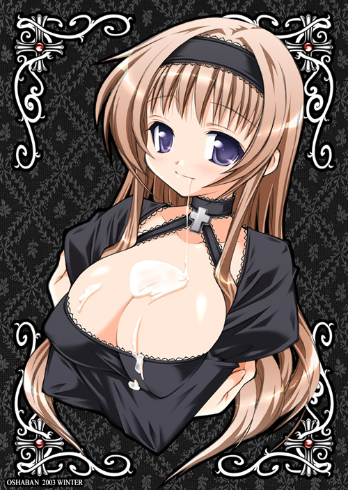 breast_lift breasts brown_hair cum large_breasts long_hair sasahiro