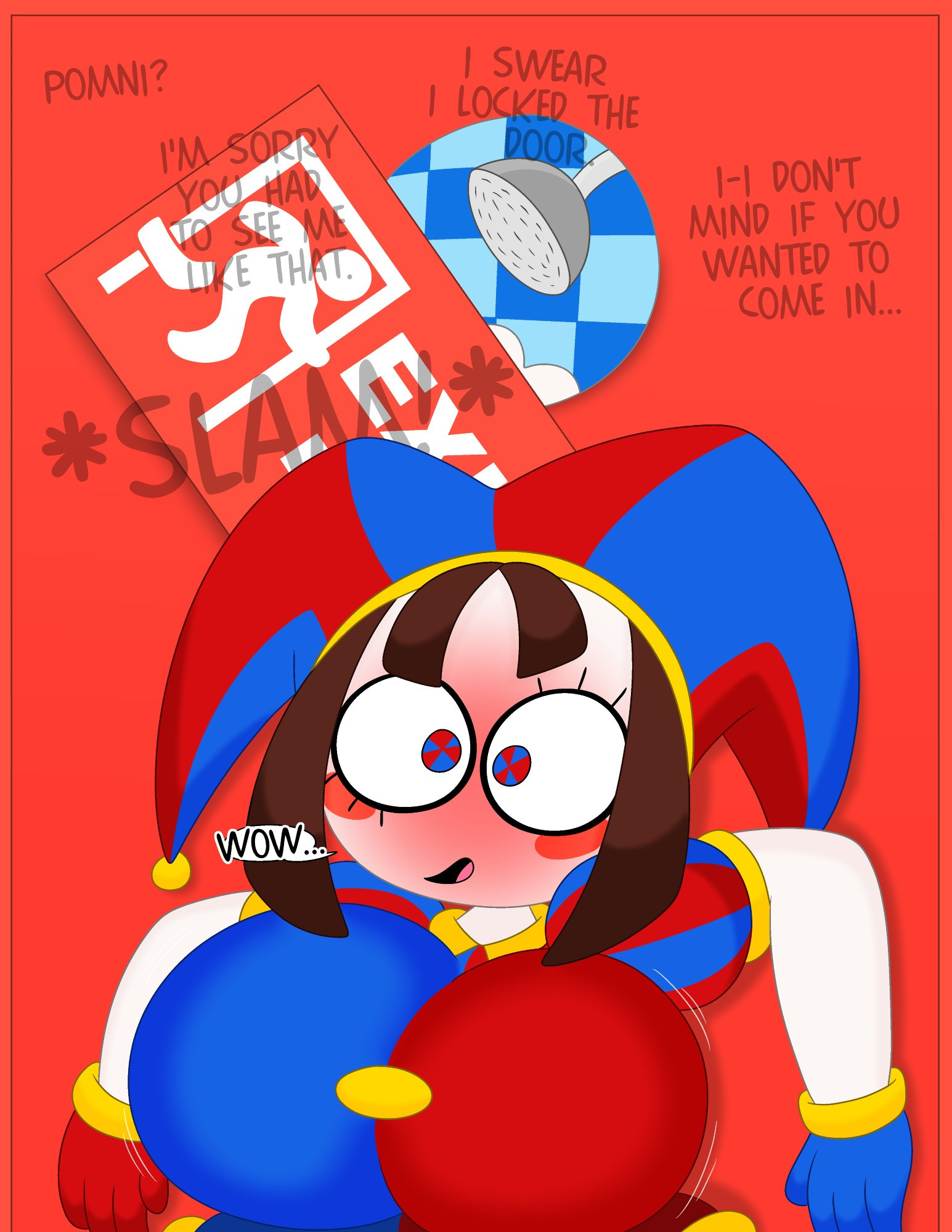 1girls, 3barts, big breasts, blush, breasts, english text, female, glitch productions, pomni (the amazing digital circus), ragatha (the amazing digital circus), the amazing digital circus, wide hips