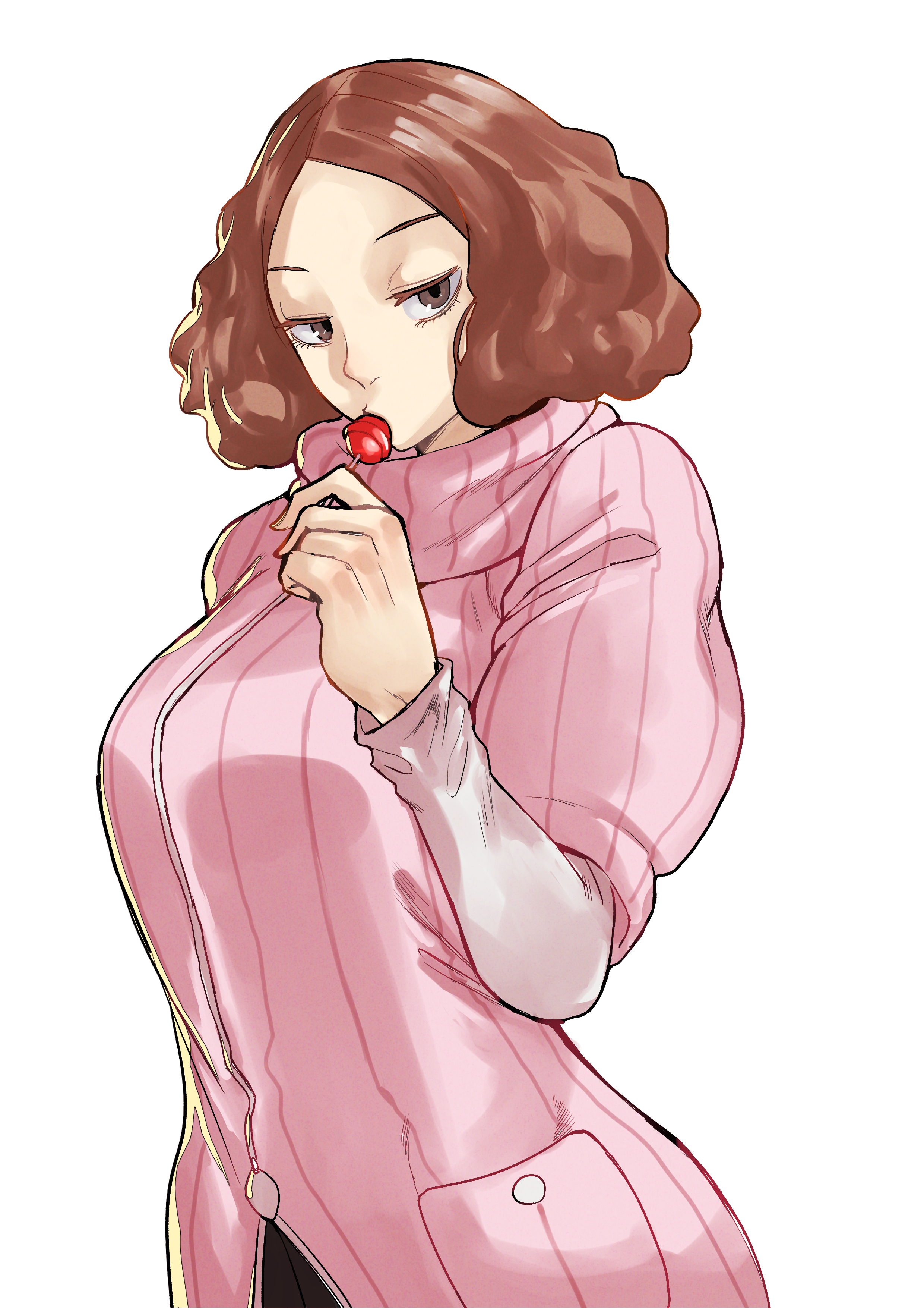 1girls, absurdres, breasts, brown eyes, brown hair, candy, female, female focus, female only, food, haru okumura, highres, large breasts, lollipop, looking at viewer, matching hair/eyes, persona, persona 5, short hair, solo, upper body