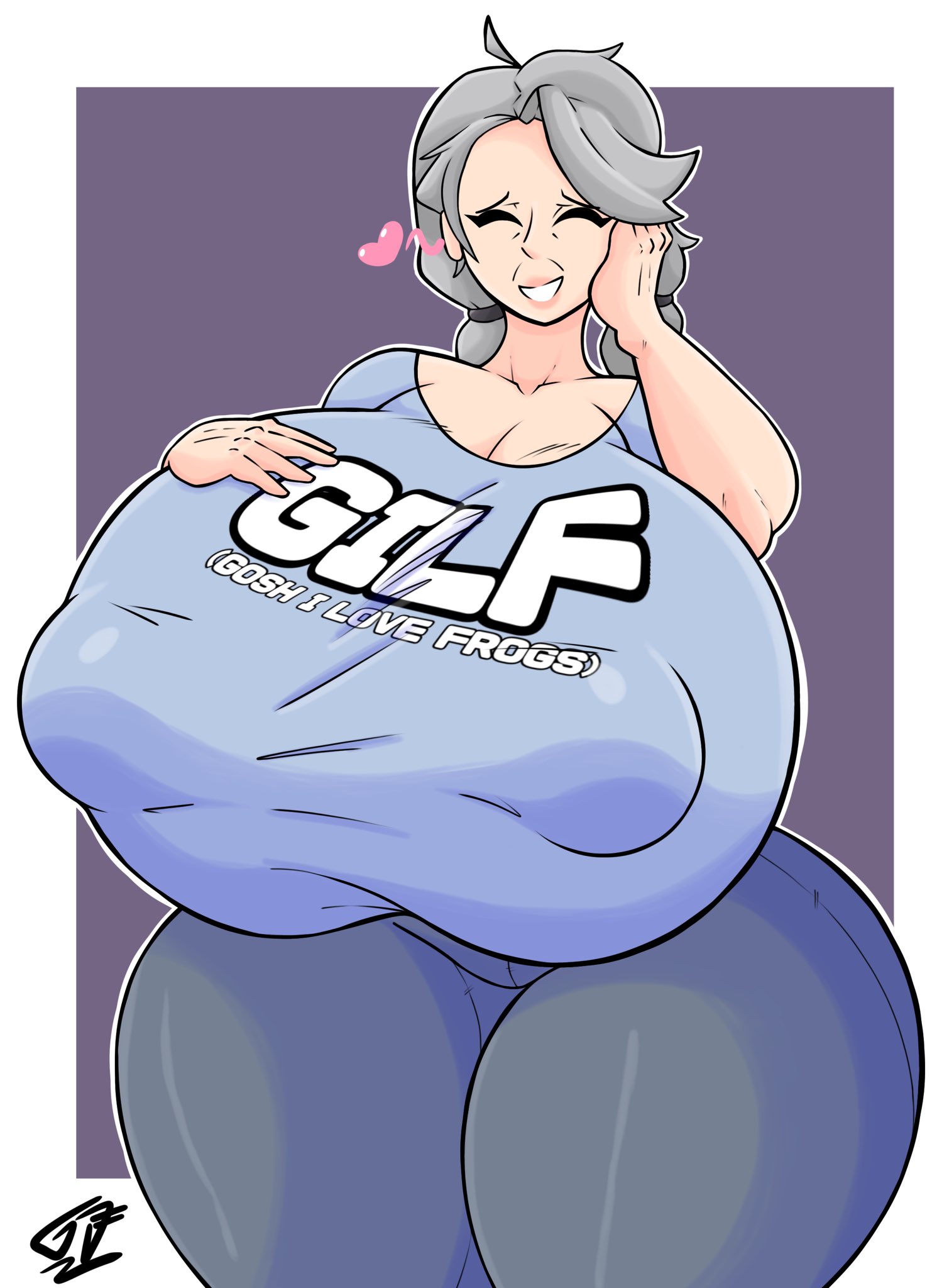 breasts, closed eyes smile, female, gigantic breasts, gilf, grapejuicerulez, manhwa grandma, nipple bulge, white hair