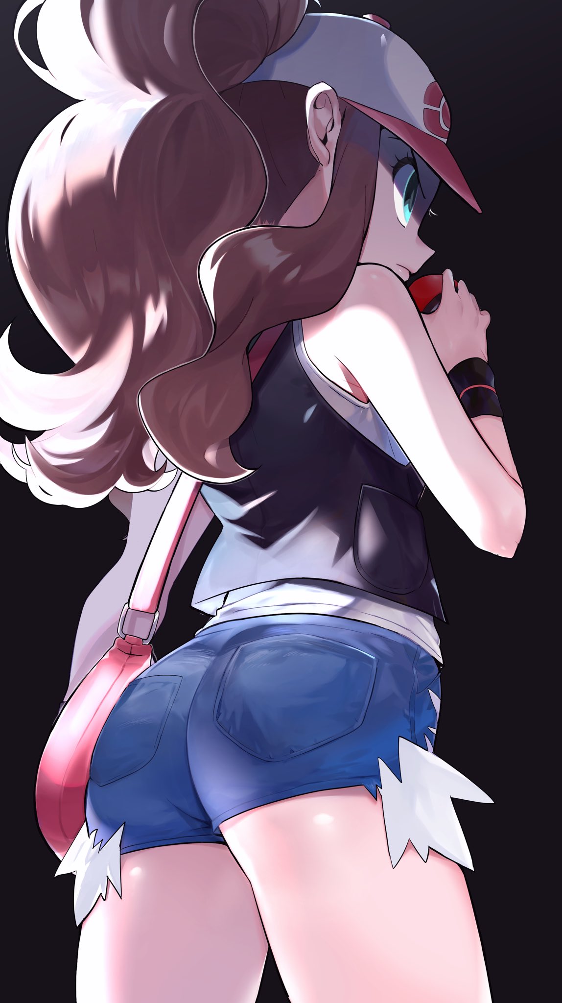 1girls, abe (kumayu), ass, black background, black vest, blue eyes, blue shorts, brown hair, cap, commentary request, creatures (company), denim, denim shorts, female, female only, from behind, game freak, hat, high ponytail, highres, hilda (pokemon), holding, long hair, nintendo, pokemon, pokemon bw, ponytail, shirt, short shorts, shorts, simple background, sleeveless, sleeveless shirt, tank top, vest, white hat, white shirt