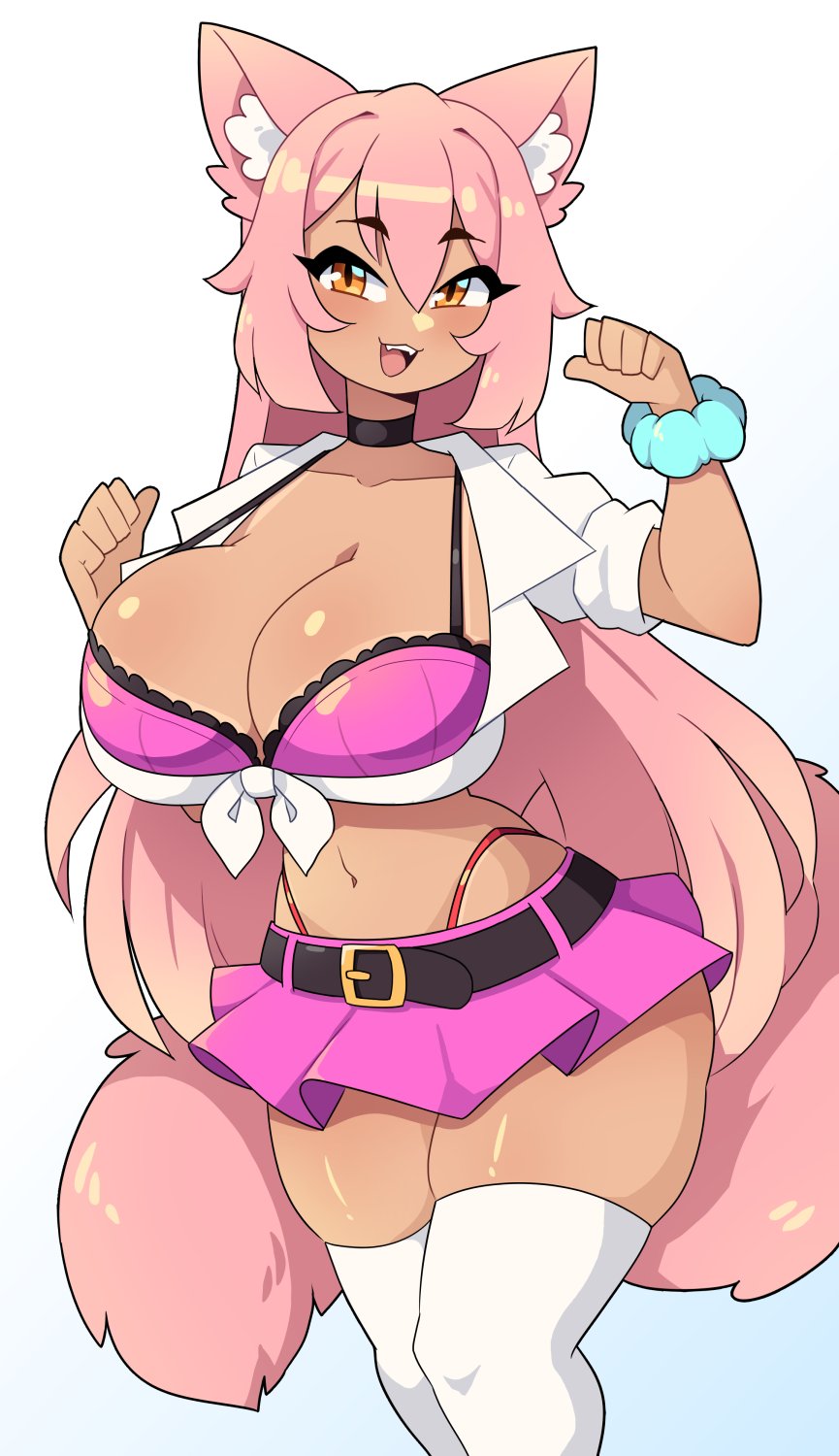 1girls, amber eyes, big breasts, blush, bra, breasts, cat ears, cat girl, cat tail, catgirl, choker, cleavage, commission, female, female only, furry tail, gyaru, hi res, j5daigada, large breasts, long hair, looking at viewer, miniskirt, open mouth, pink hair, short shirt, short skirt, skirt, sleeves rolled up, slit pupils, smiling, smiling at viewer, solo, tail, tan body, tan skin, thick thighs, thighhighs, tied shirt, white thighhighs
