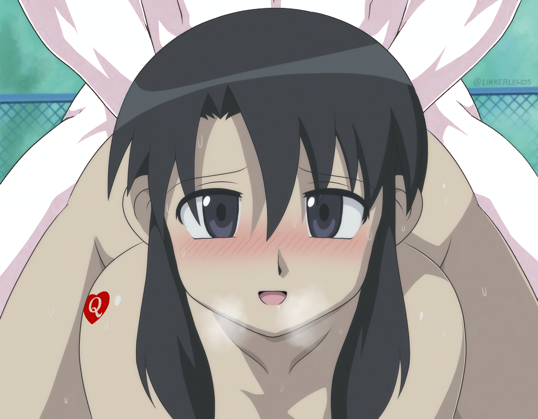 1boy, 1girls, asian female, azumanga daiou, backshots, black hair, doggy style, edit, edited, female, front facing with ass, light skin, light-skinned male, male, nude, nyamo minamo kurosawa, please look forward to it, queen of hearts