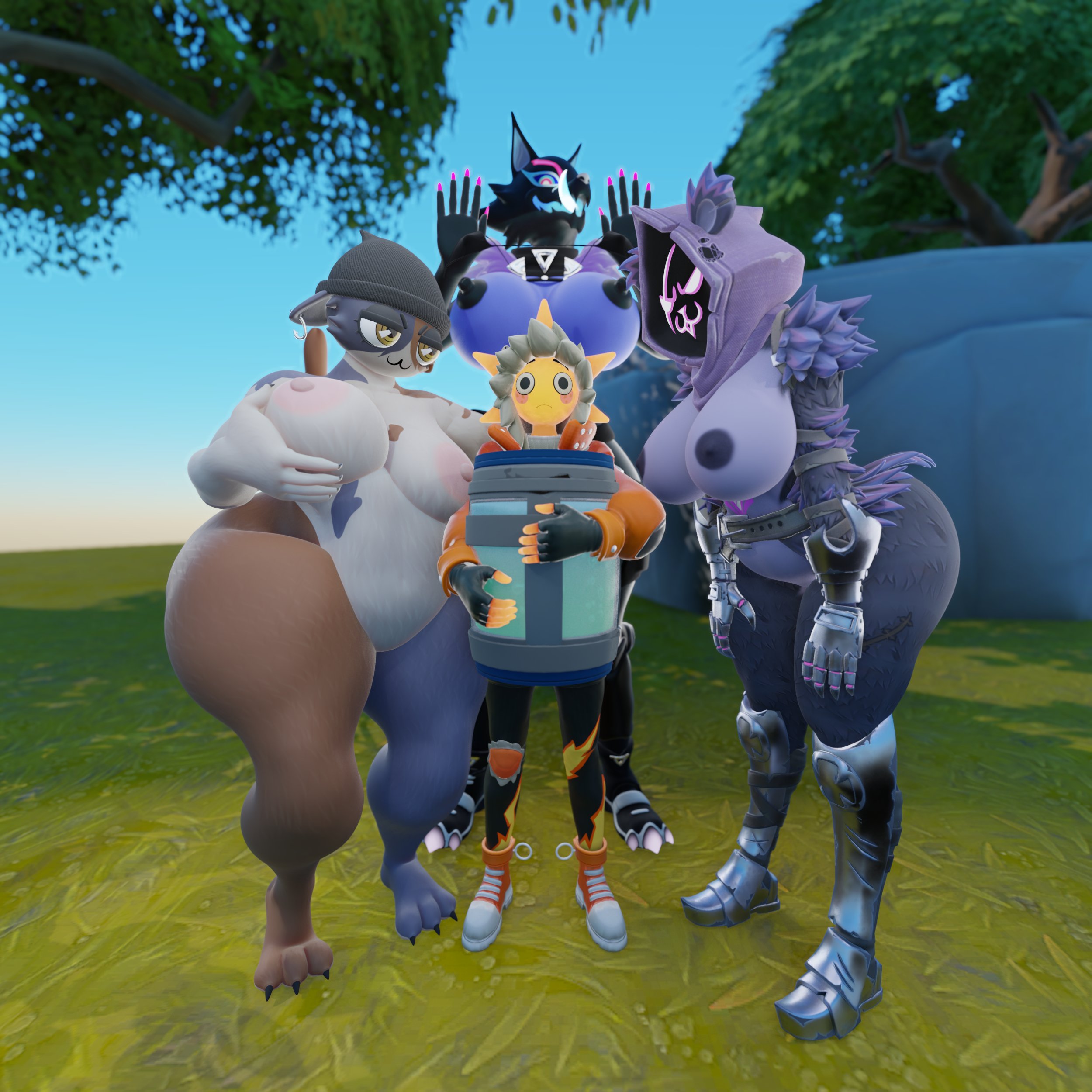 1boy, 3girls, big breasts, breasts, cleavage, female, fortnite, furry, highwire (fortnite), huge breasts, male, meow skulls (fortnite), multiple females, multiple girls, nipples, notsafeforgek, pack leader highwire, raven team leader, standing, sunspot (fortnite), surrounded, tagme, thick thighs, wide hips
