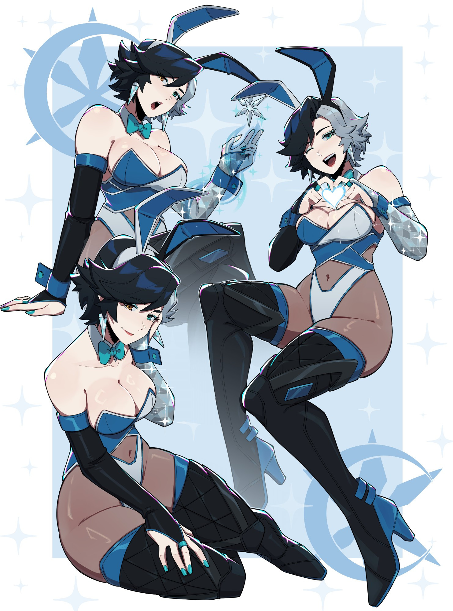 1girls, 2d, aneurysm.ax, axiyo, black hair, breasts, bunny ears, bunny girl, cleavage, clothed, clothed female, female, female only, large breasts, light skin, light-skinned female, luna snow, luna snow (marvel rivals), marvel, marvel comics, marvel rivals, pale skin, pale-skinned female, solo female, thick thighs, two-tone hair, white hair