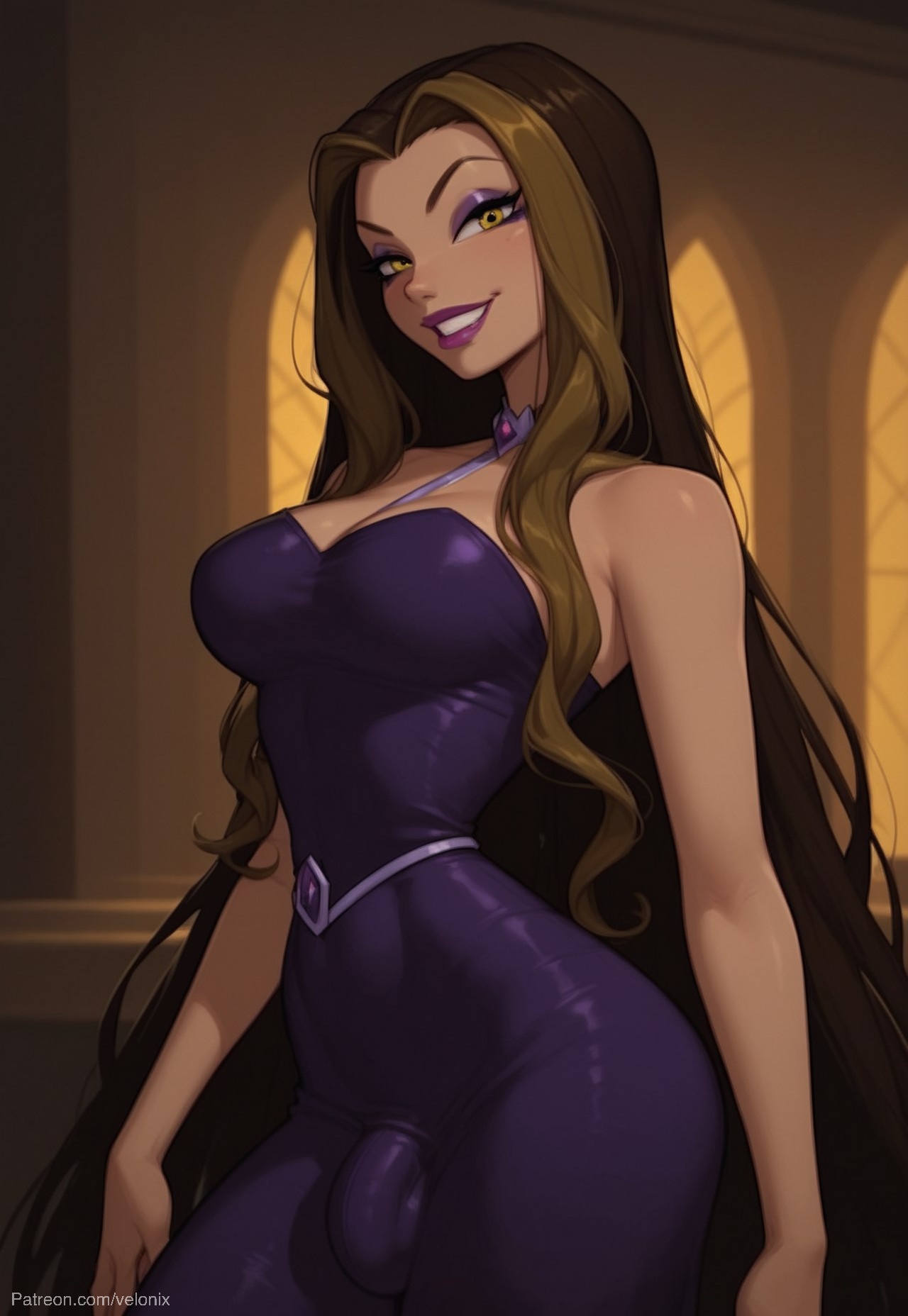 1futa, 4kids entertainment, ai generated, ass, balls, big ass, big breasts, big butt, big hips, big penis, blonde female, blonde hair, breasts, brown eyes, brown hair, bulge, bulge through clothing, cleavage, clothed, clothing, collar, darcy (winx club), dark purple lips, dark purple lipstick, dick, dickgirl, dress, evil, evil eyes, evil grin, evil smile, eyebrows, eyelashes, fairy, female, futa only, futanari, goth, goth futa, goth girl, gothic, grin, grinning, grinning at viewer, hands-free, huge cock, indoors, intersex, lips, lipstick, long hair, looking at viewer, makeup, narrow waist, narrowed eyes, nickelodeon, nose, pants, penis, purple clothes, purple clothing, purple eyeshadow, purple lips, purple lipstick, rainbow (animation studio), seducing, seductive, seductive eyes, seductive gaze, seductive look, seductive mouth, seductive pose, seductive smile, side view, smile, smile at viewer, smiley face, smooth balls, smooth penis, smooth skin, solo, solo dickgirl, solo focus, solo futa, testicles, two-tone eyes, two-tone hair, velonix, villain, villainess, winx club, witch, yellow eyes