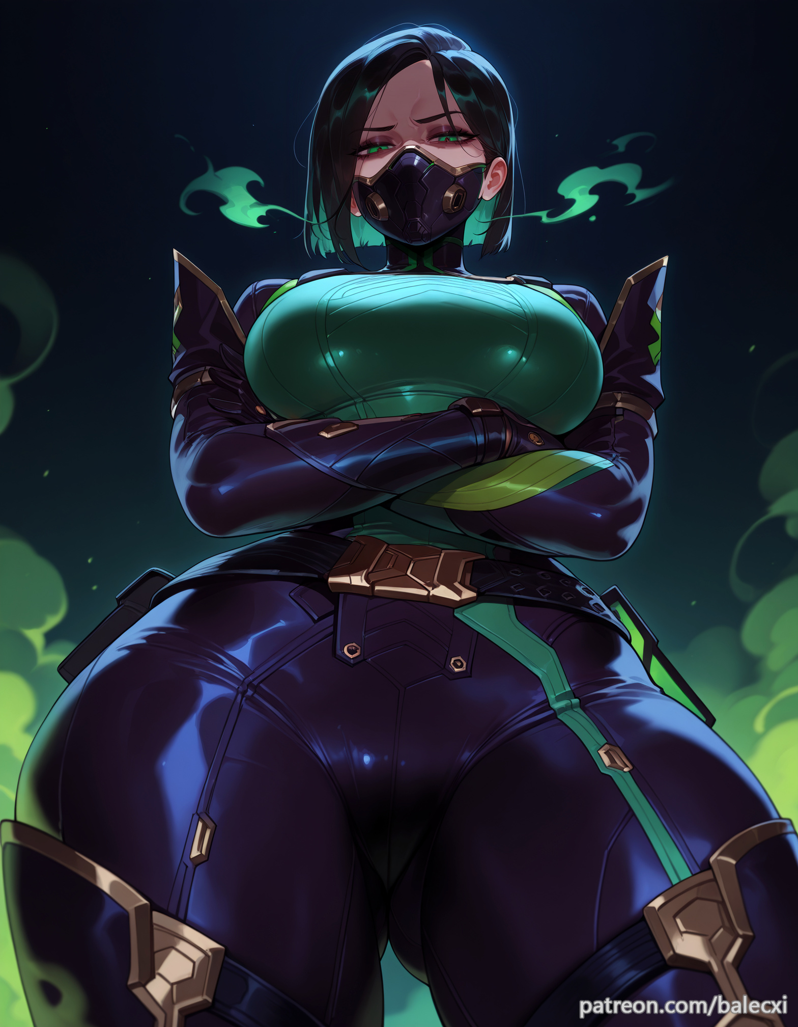 1girls, ai generated, balecxi, black hair, bodysuit, breasts, crossed arms, female, from below, green eyes, large breasts, light skin, light-skinned female, looking at viewer, mouth mask, patreon username, short hair, solo, thighs, valorant, viper (valorant)