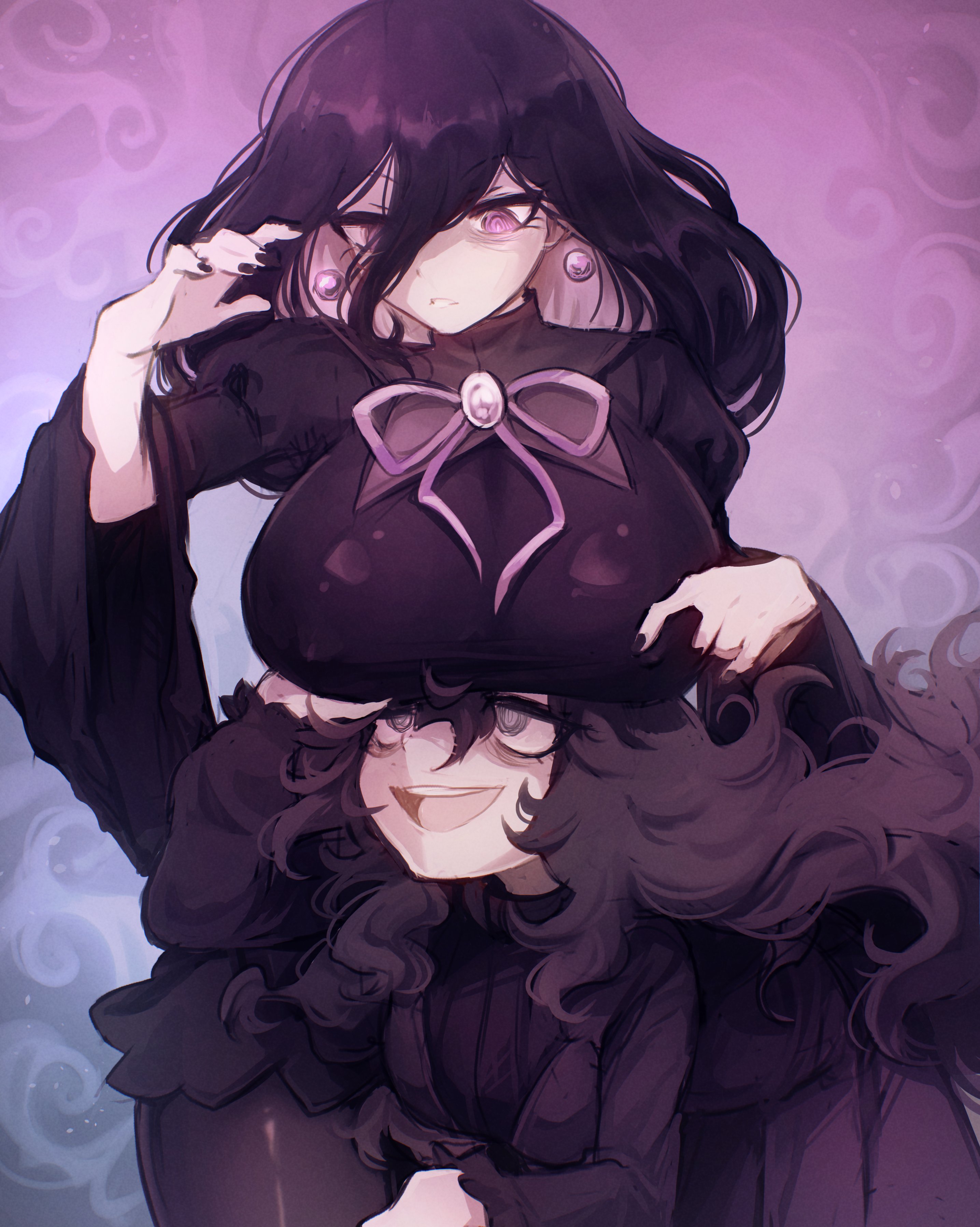 2girls, big breasts, black hair, blairevt, breasts, clothed, clothing, female, game freak, hex maniac, hex maniac (pokemon legends: z-a), hex maniac (pokemon xy), nintendo, pokemon, pokemon legends: z-a, pokemon xy, purple theme