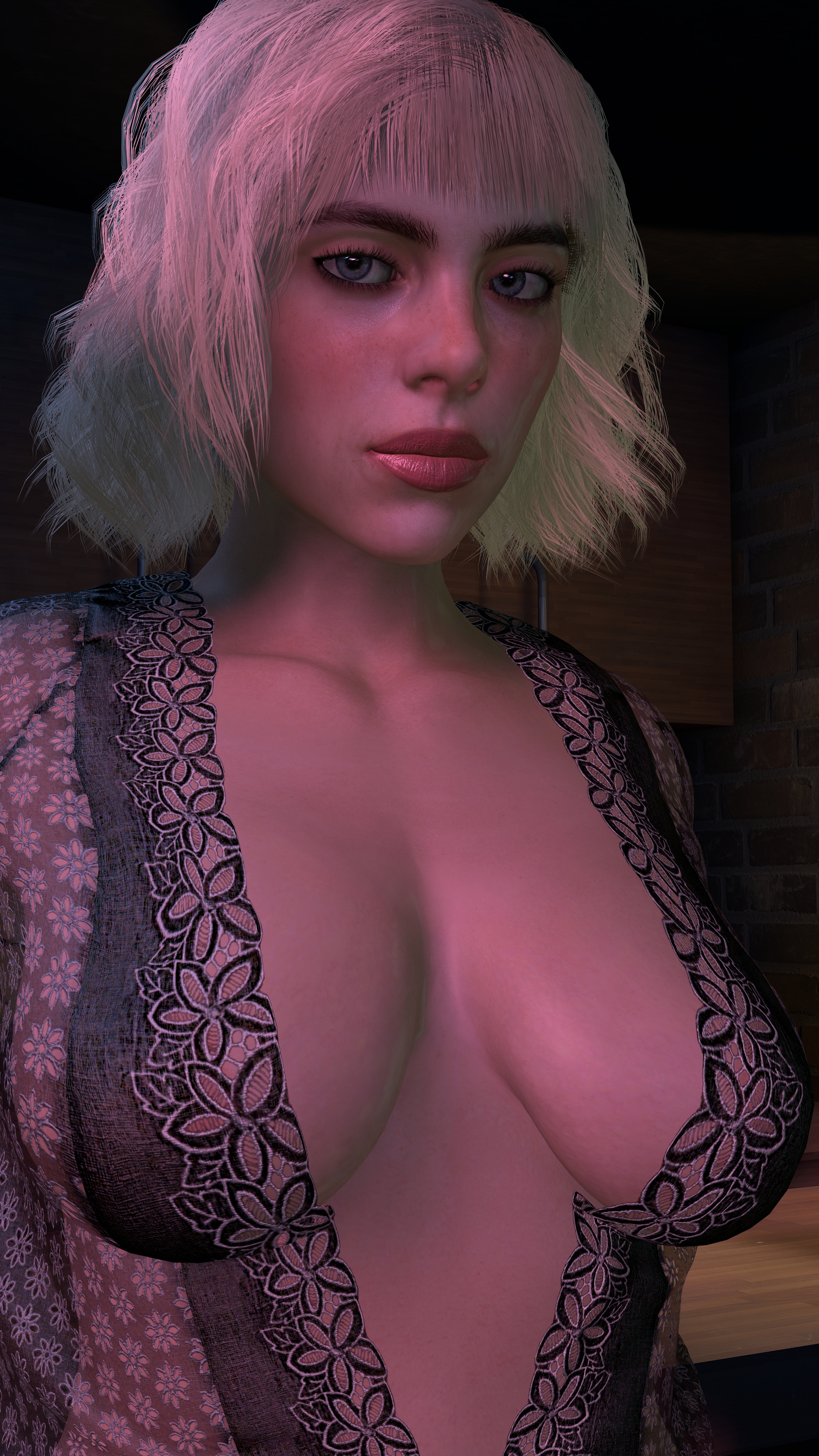 1girls, 3d, 3d (artwork), big breasts, billie eilish, blonde hair, blue eyes, breasts, celebrity, female, hi res, human, large breasts, light skin, light-skinned female, looking at viewer, nightgown, nighttime, no bra, nude, real person, solo
