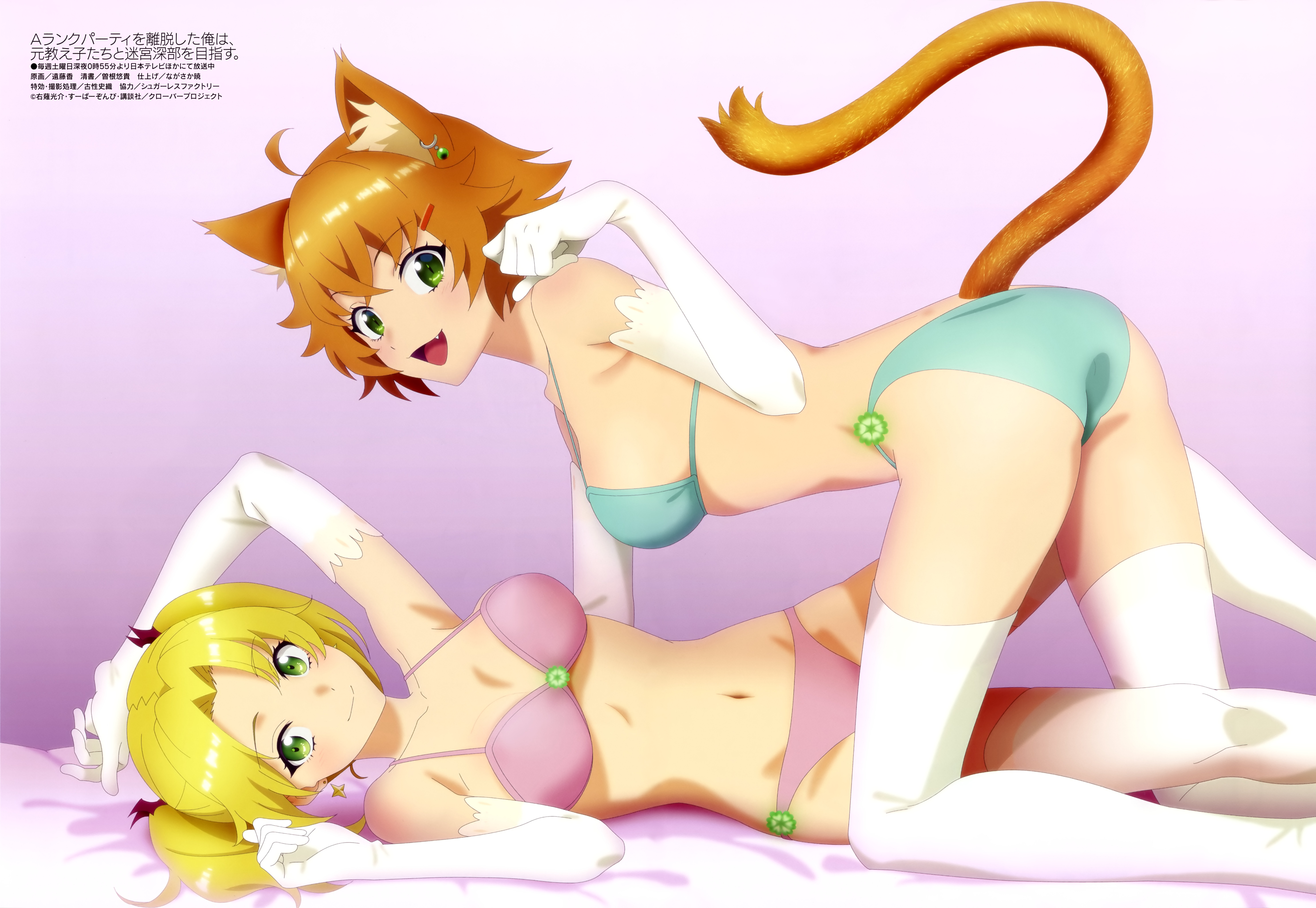 2girls, a rank party o ridatsu shita ore wa moto oshiego-tachi to meikyuu shinbu o mezasu, ass, big breasts, blonde hair, bra, breasts, brown hair, cat ears, cat tail, earring, elbow gloves, endou kaori, female, gloves, i left my a-rank party to help my former students reach the dungeon depths, jamie osen, looking at viewer, megami magazine, nene shilfindle, oerba yun fang, official art, panties, stockings, take your pick, thighhighs, twintails, underwear