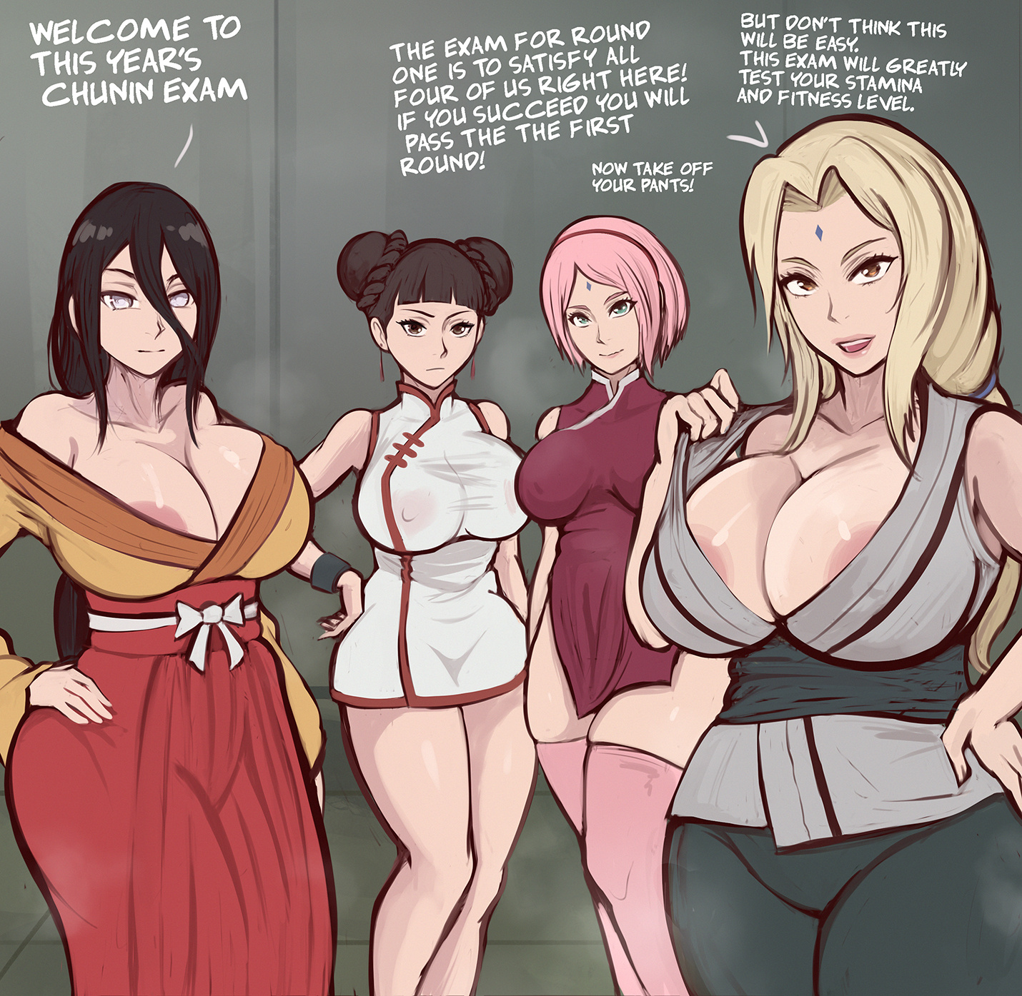 4girls, arachnart, before sex, blonde hair, blonde-haired female, boruto: naruto next generations, brown hair, brown-haired female, clothing, comic, commentary, dialogue, english text, female, female focus, female only, hyuuga hanabi, kimono, looking at viewer, milf, multiple females, multiple girls, naruto, naruto (series), naruto shippuden, nipple slip, nipples, nipples visible through clothing, partially clothed, pink hair, pink-haired female, revealing clothes, sakura haruno, skimpy, story, talking, talking to viewer, tenten, text, tsunade, undressing, voluptuous