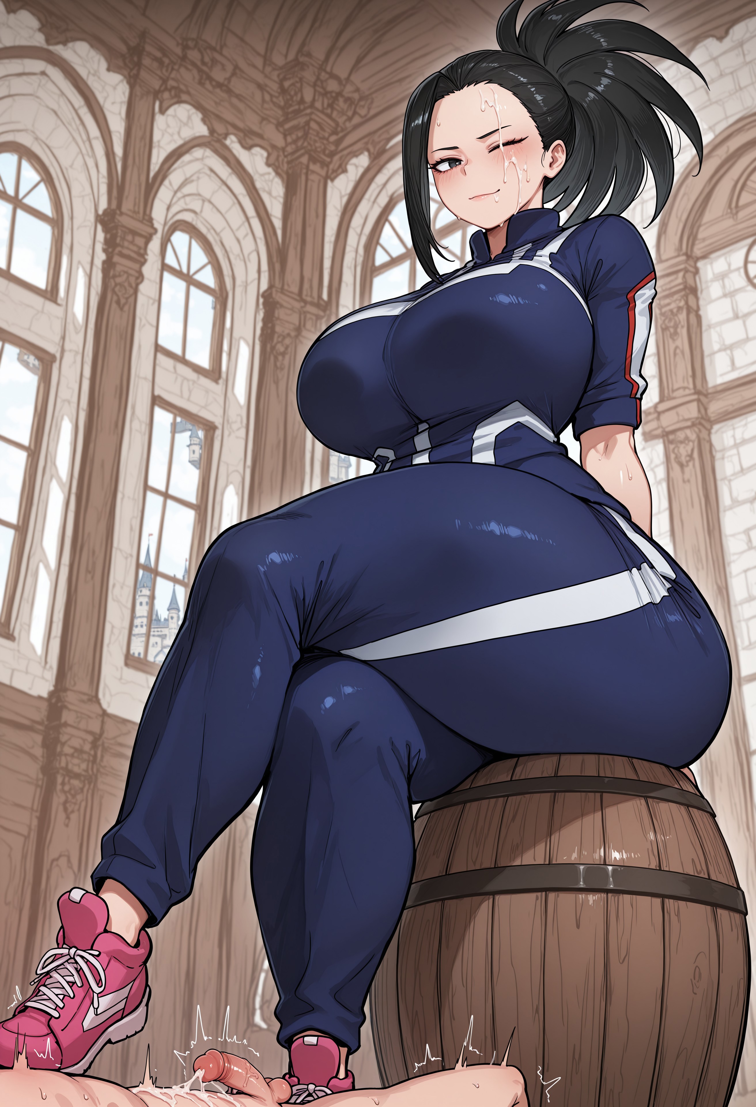 1boy, 1girls, 4k, absurd res, absurd resolution, absurdres, after sex, ai generated, barrel, big breasts, black hair, black-haired female, boku no hero academia, breasts, busty, busty female, castle, chesto67295, clothed female, clothed female nude male, cock, comission, crossed legs, cum, cum on face, cumshot, curvy, curvy body, curvy female, curvy figure, detailed, detailed background, female, femdom, footwear, front view, giantess, gym uniform, hands behind back, height difference, high resolution, highres, horny female, horny male, hourglass figure, hourglass figured female, huge breasts, indoors, knee up, large breasts, long hair, long-haired female, looking at viewer, macrophilia, male, male pov, momo yaoyorozu, motion blur, motion lines, my hero academia, naked, naked male, nude, nude male, penis, pov, questionable consent, ruined orgasm, self upload, short sleeves, sitting, sitting on barrel, size difference, size fetish, smaller male, smile, smiling, sneakers, sportswear, straight, tall female, taller female, thick thighs, thunder thighs, thunderthighs, track jacket, turtleneck, video game character, video game franchise, video games, voluptuous, voluptuous female, wide hips, window, yaoyorozu momo