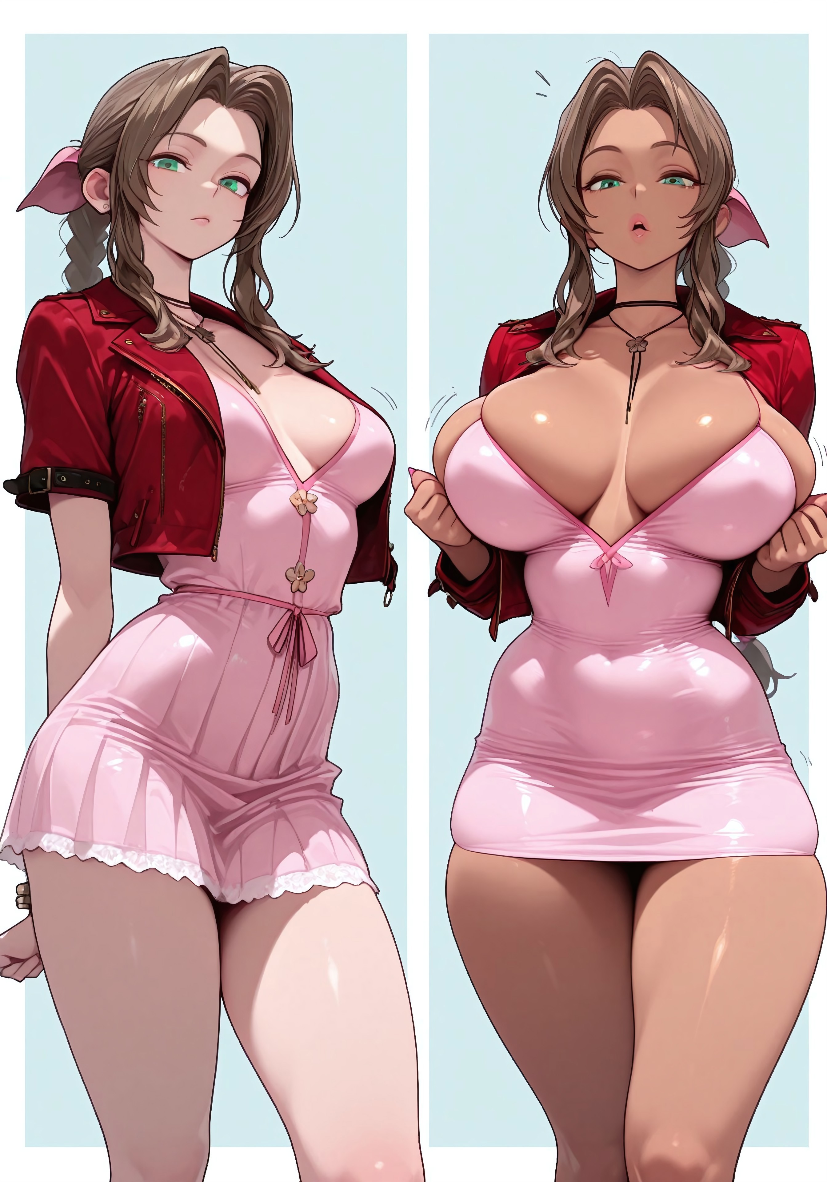 1girls, aerith gainsborough, ai generated, before and after, bimbo, bimbo body, bimbo lips, bimbofication, bimbofied, braided hair, breast expansion, breast growth, breast growth (enlargement), breasts, brown hair, cleavage, female, female focus, female only, final fantasy, final fantasy vii, final fantasy vii remake, green eyes, huge breasts, necklace, open jacket, pink dress, red jacket, skin tight, tanned skin, thick thighs, transformation, transformation sequence