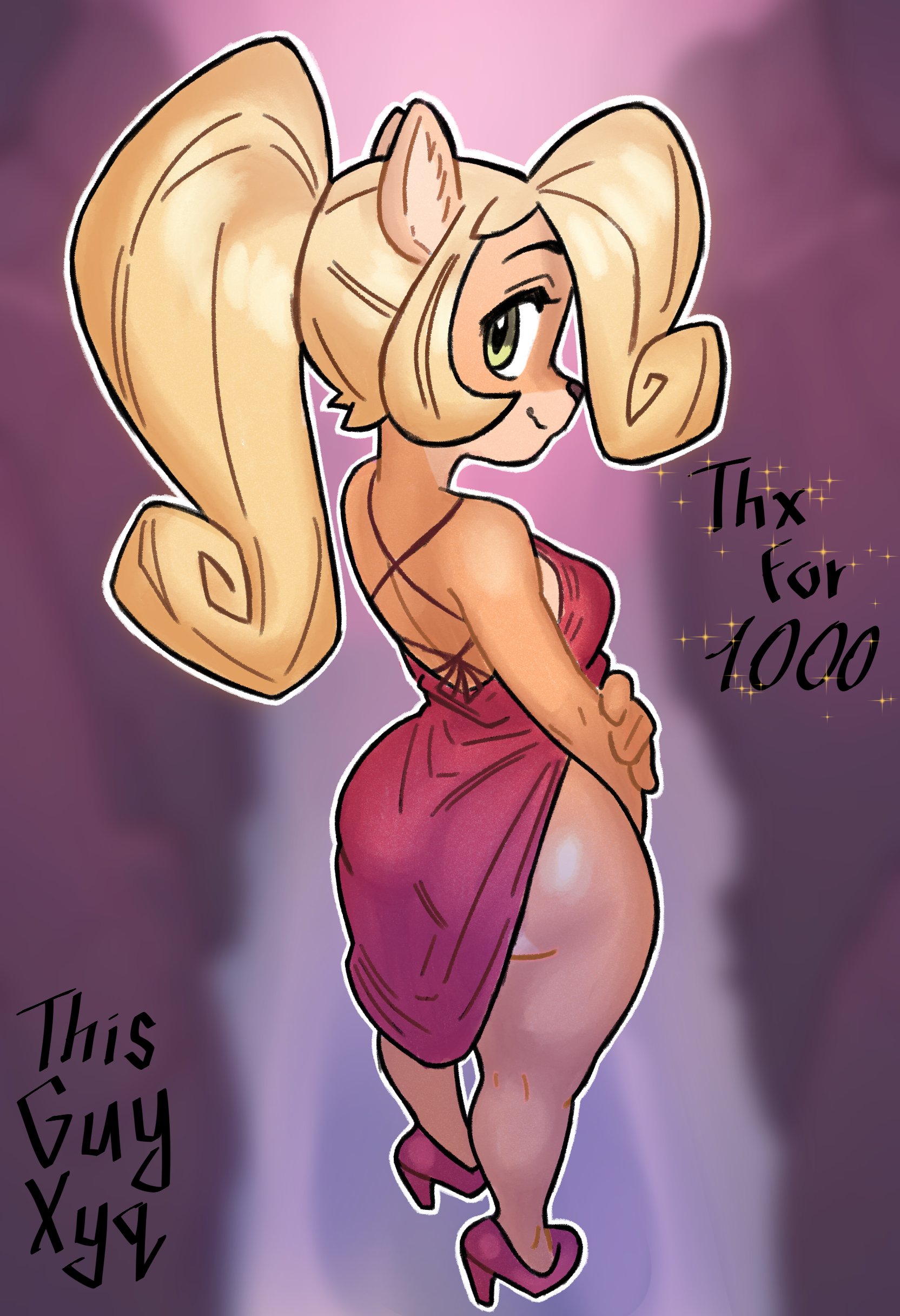 activision, artist name, artist signature, bottomless, bottomless dress, coco bandicoot, crash (series), dress, evening, female, furry, high heels, looking back, ponytail, thank you, thisguyxyq