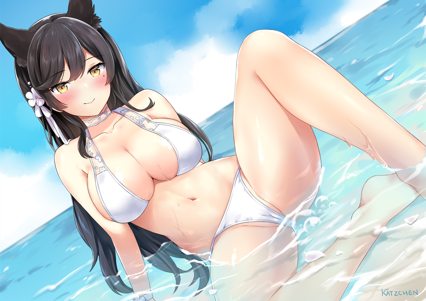 animal ears, artist name, atago (azur lane), atago (summer march) (azur lane), azur lane, bare legs, barefoot, bikini, blush, breasts, cameltoe, cleavage, closed mouth, collarbone, day, dutch angle, female, female focus, flower, hair flower, hair ornament, horizon, kaetzchen, large breasts, leaning back, long hair, mole, mole under eye, navel, outdoors, partially submerged, petals, pussy, sitting, smile, solo, spread legs, swimsuit, wet, white bikini, wristband, yellow eyes